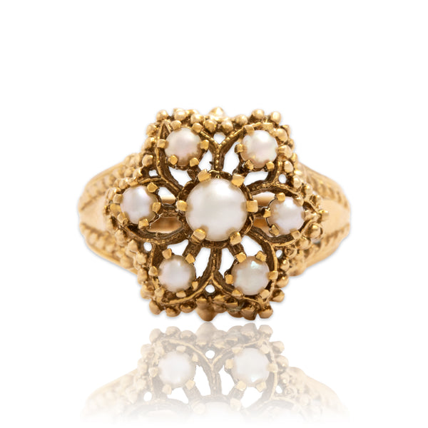 Vintage 14k Yellow Gold Pearl Detailed Roped Starburst Ring 6.25