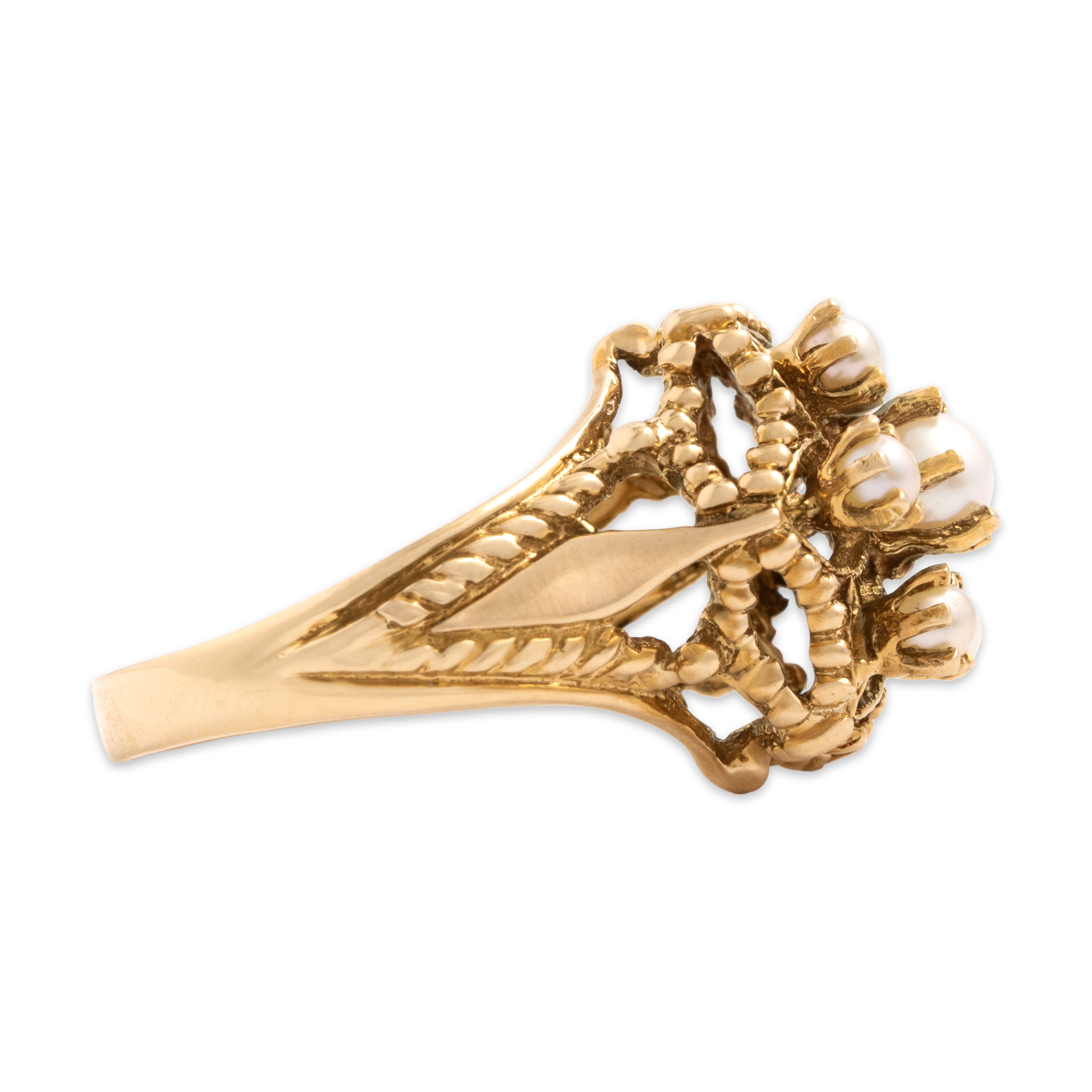 Vintage 14k Yellow Gold 1.17cttw Pearl Detailed Star Rope Ring - Side view