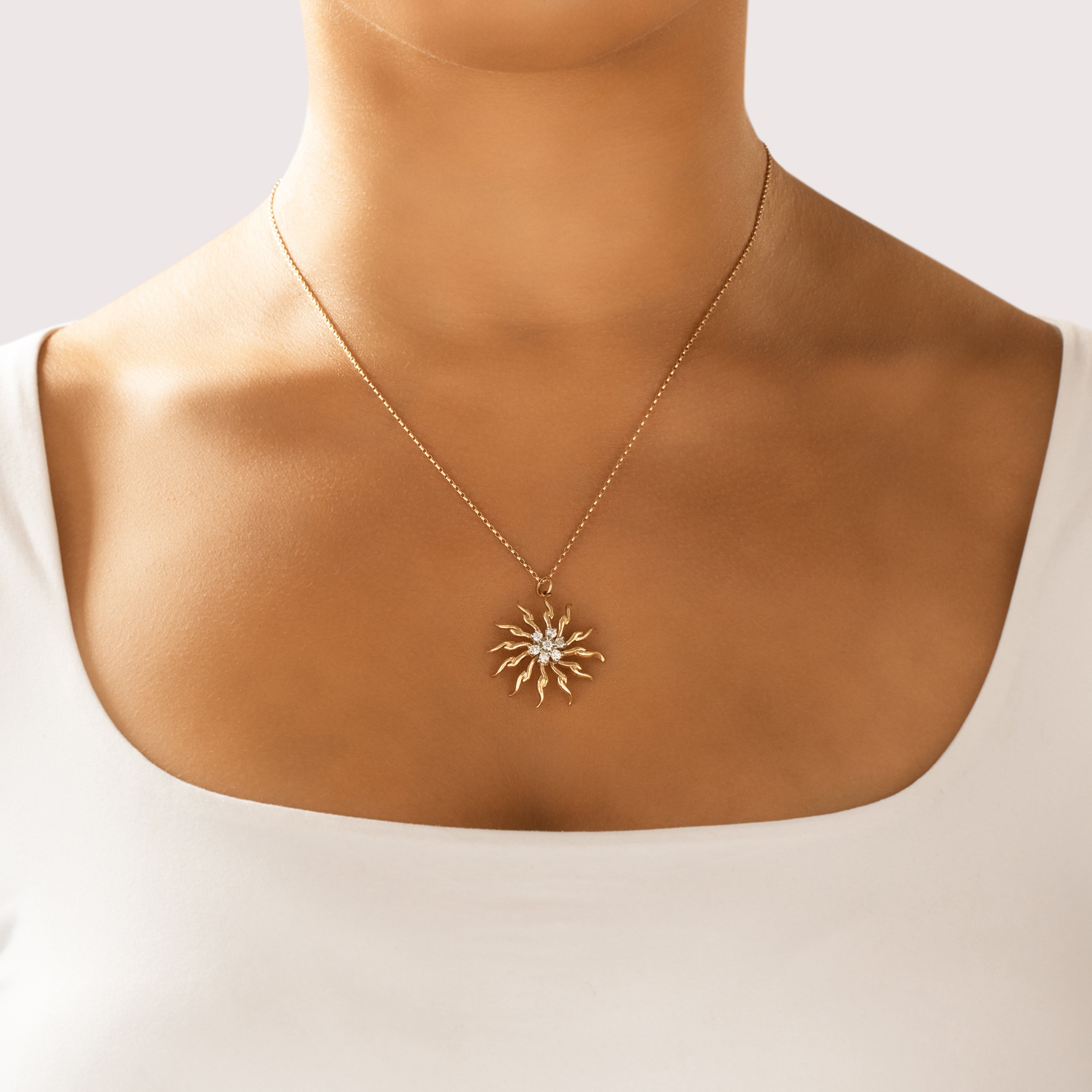 Vintage 14k Yellow & White Gold Old European Cut Diamond Bright Sparkling Sunburst Charm / Pendant - On model view