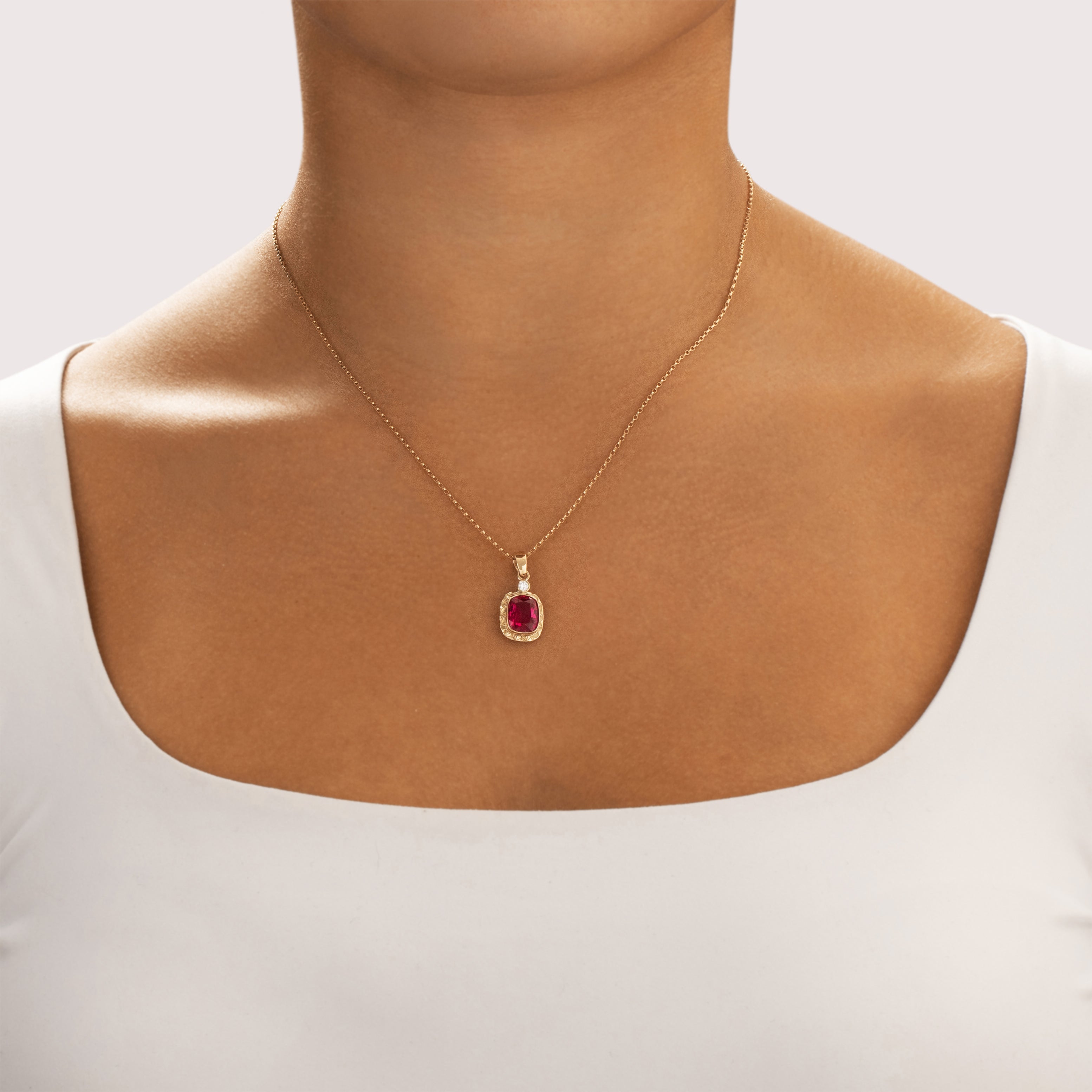 Antique 14k Yellow Gold 3.34ct Synthetic Ruby Natural Diamond Vibrant Framed Cushion Dangle Pendant - On model view