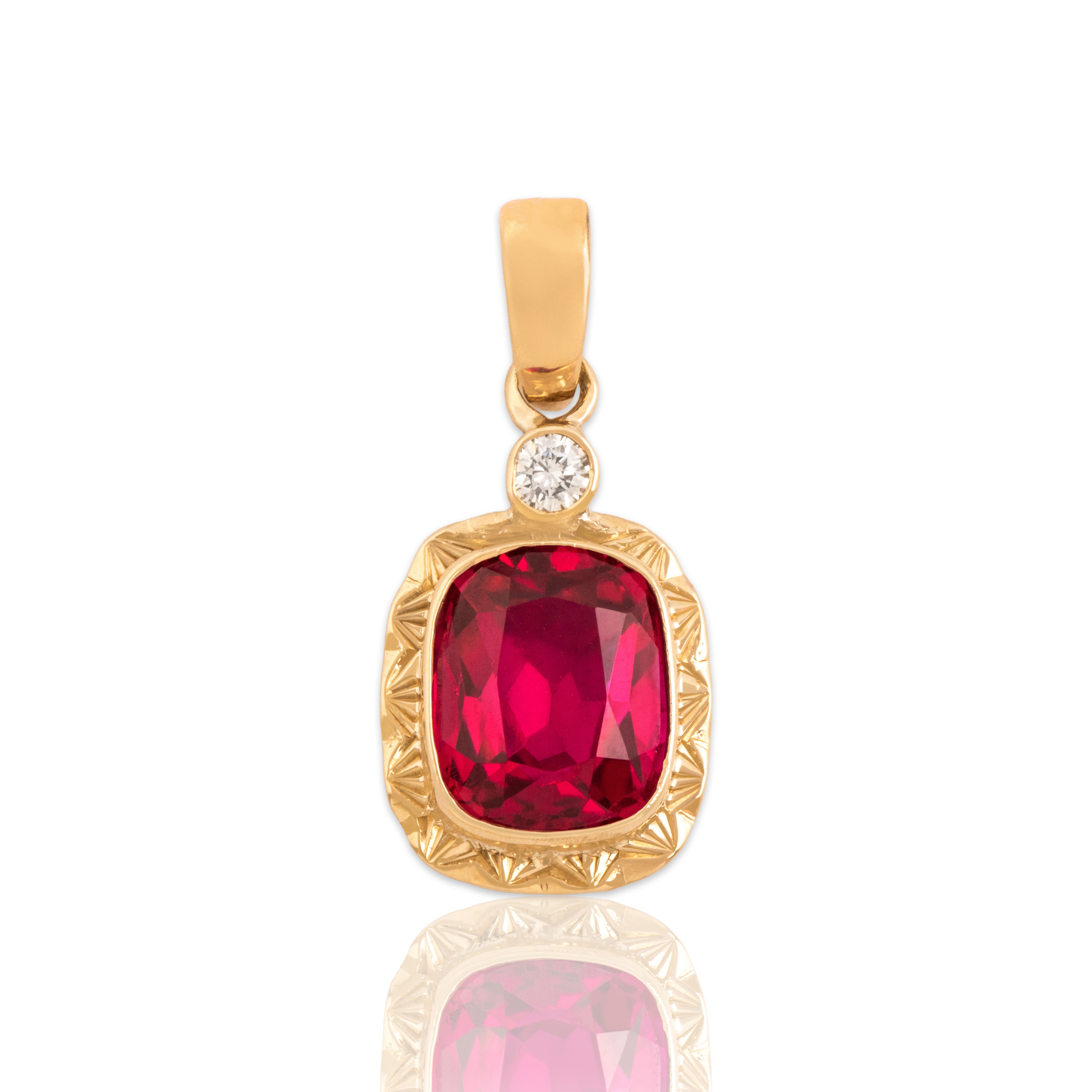 Antique 14k Yellow Gold 3.34ct Synthetic Ruby Natural Diamond Vibrant Framed Cushion Dangle Pendant - Close-up view