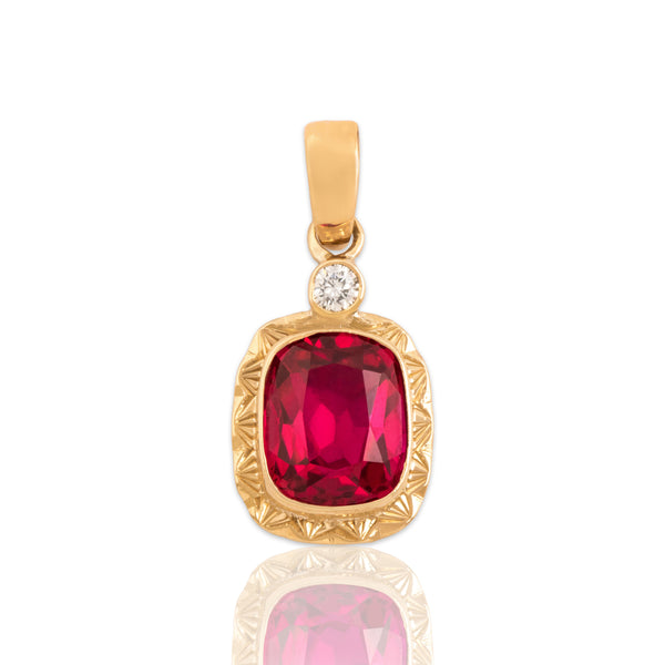 Antique 14k Yellow Gold 3.34ct Synthetic Ruby Natural Diamond Dangle Pendant