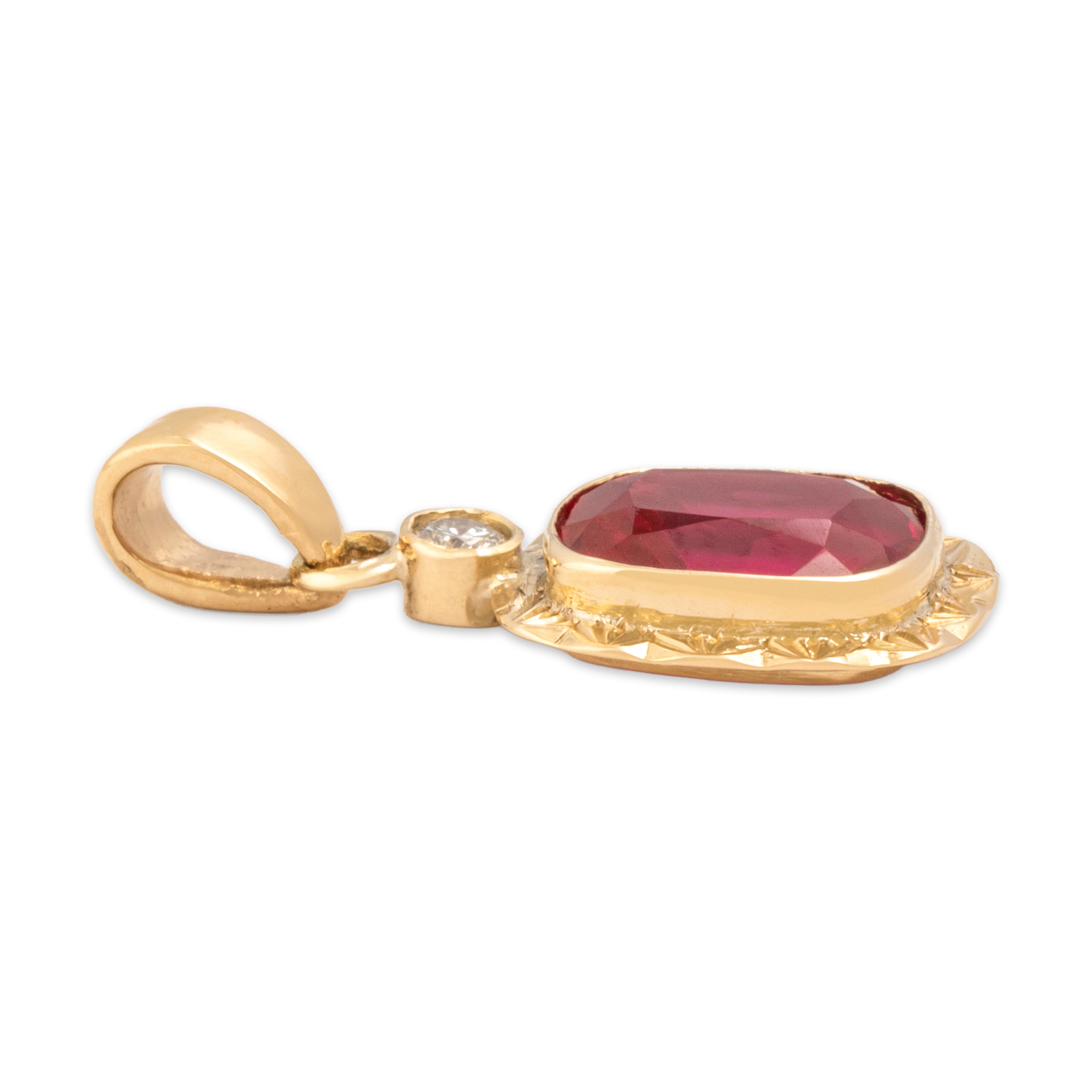 Antique 14k Yellow Gold 3.34ct Synthetic Ruby Natural Diamond Vibrant Framed Cushion Dangle Pendant - Side view