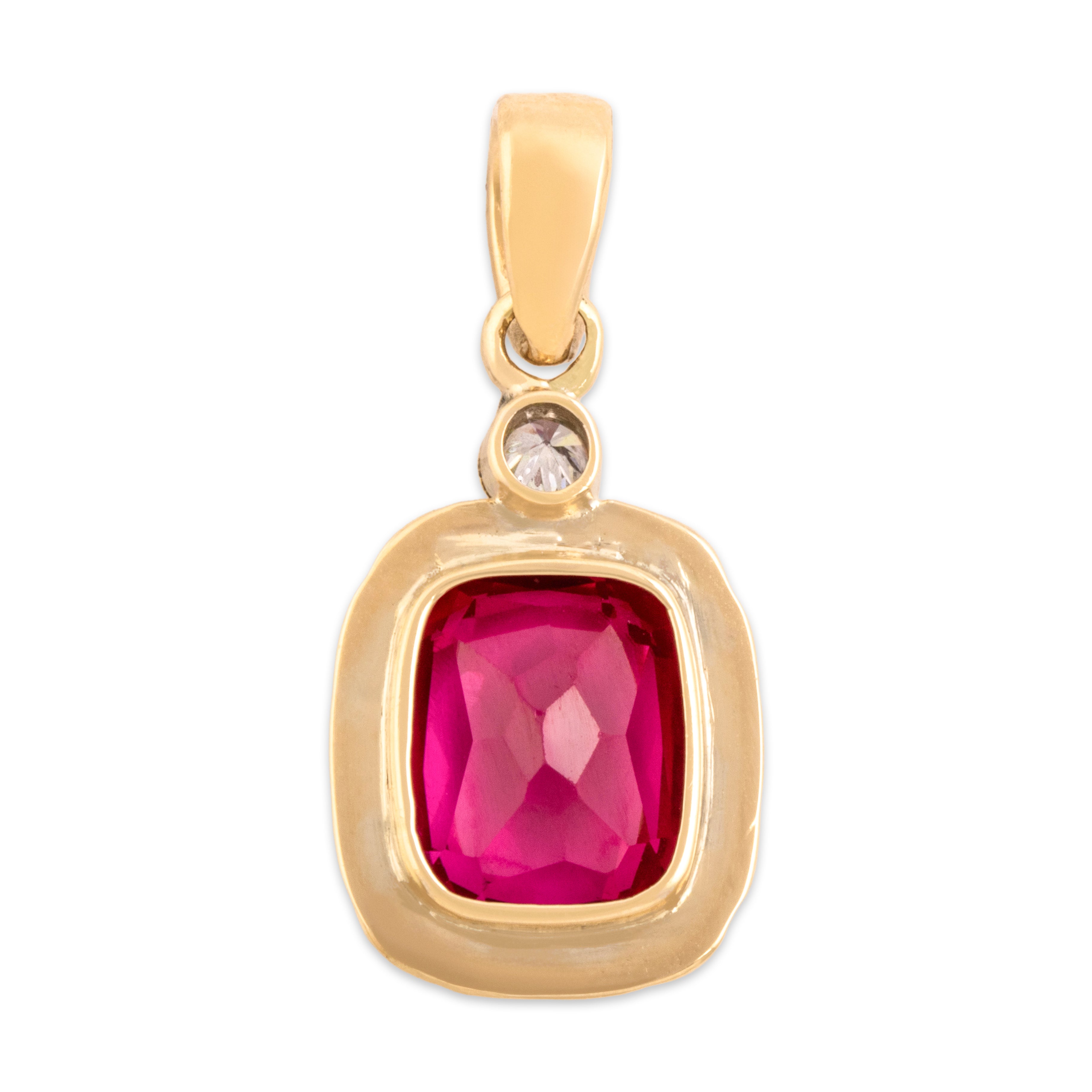 Antique 14k Yellow Gold 3.34ct Synthetic Ruby Natural Diamond Dangle Pendant