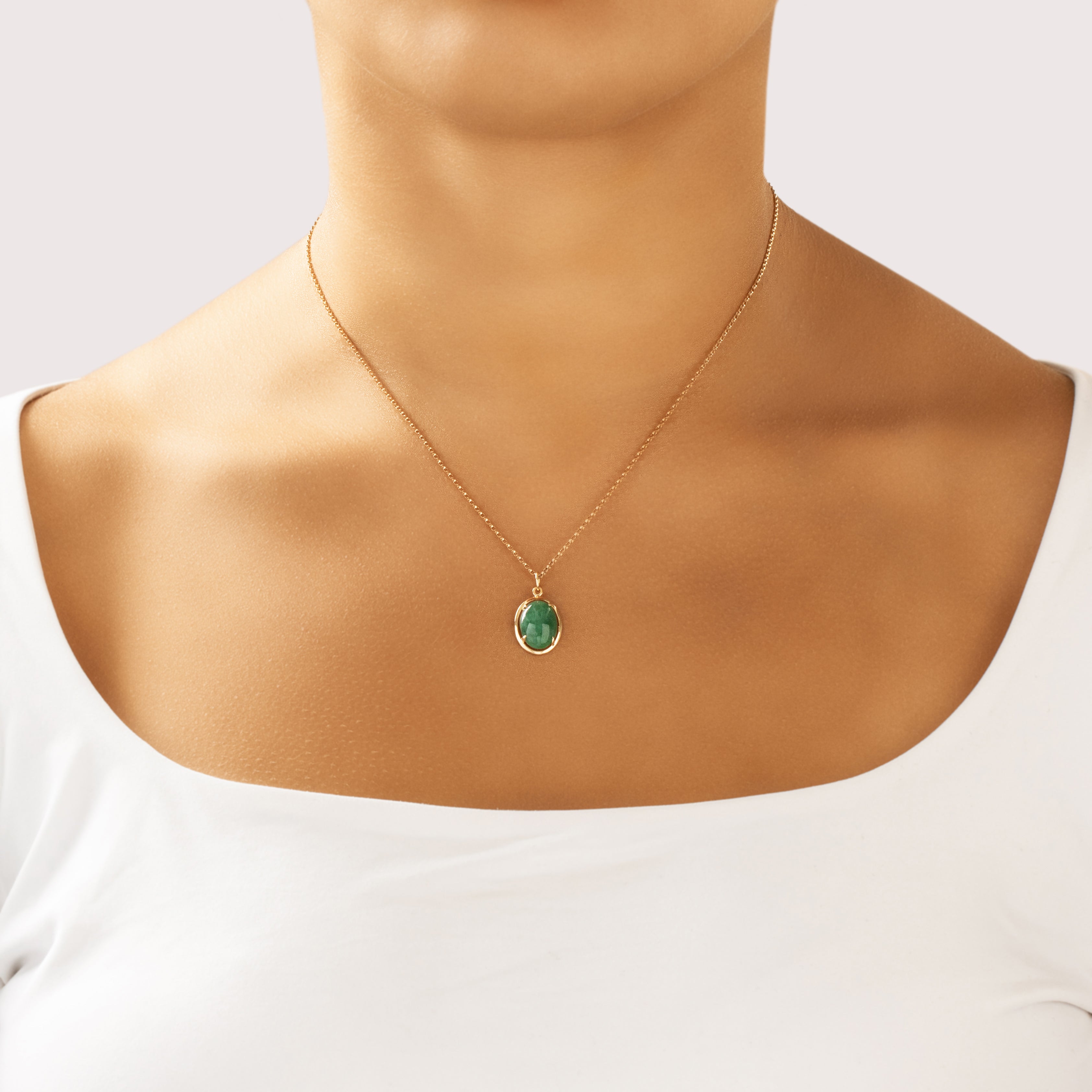 Vintage 14k Yellow Gold 3.65ct Jade Chic Simple Cabochon Pendant - On model view