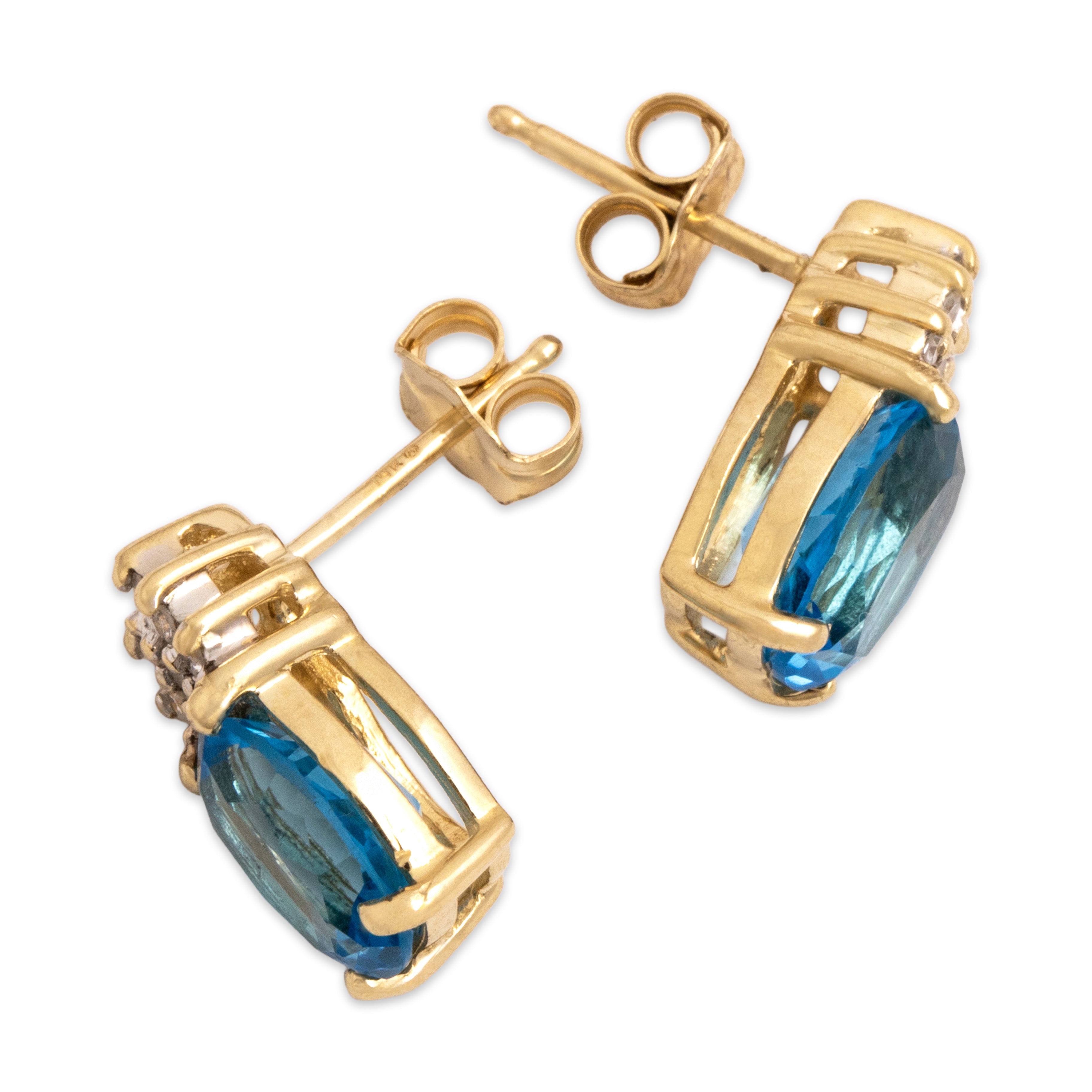 Vintage 14k Yellow Gold 2.79cttw Blue Topaz Diamond Vivid Summery Cluster Stud Earrings - Side view