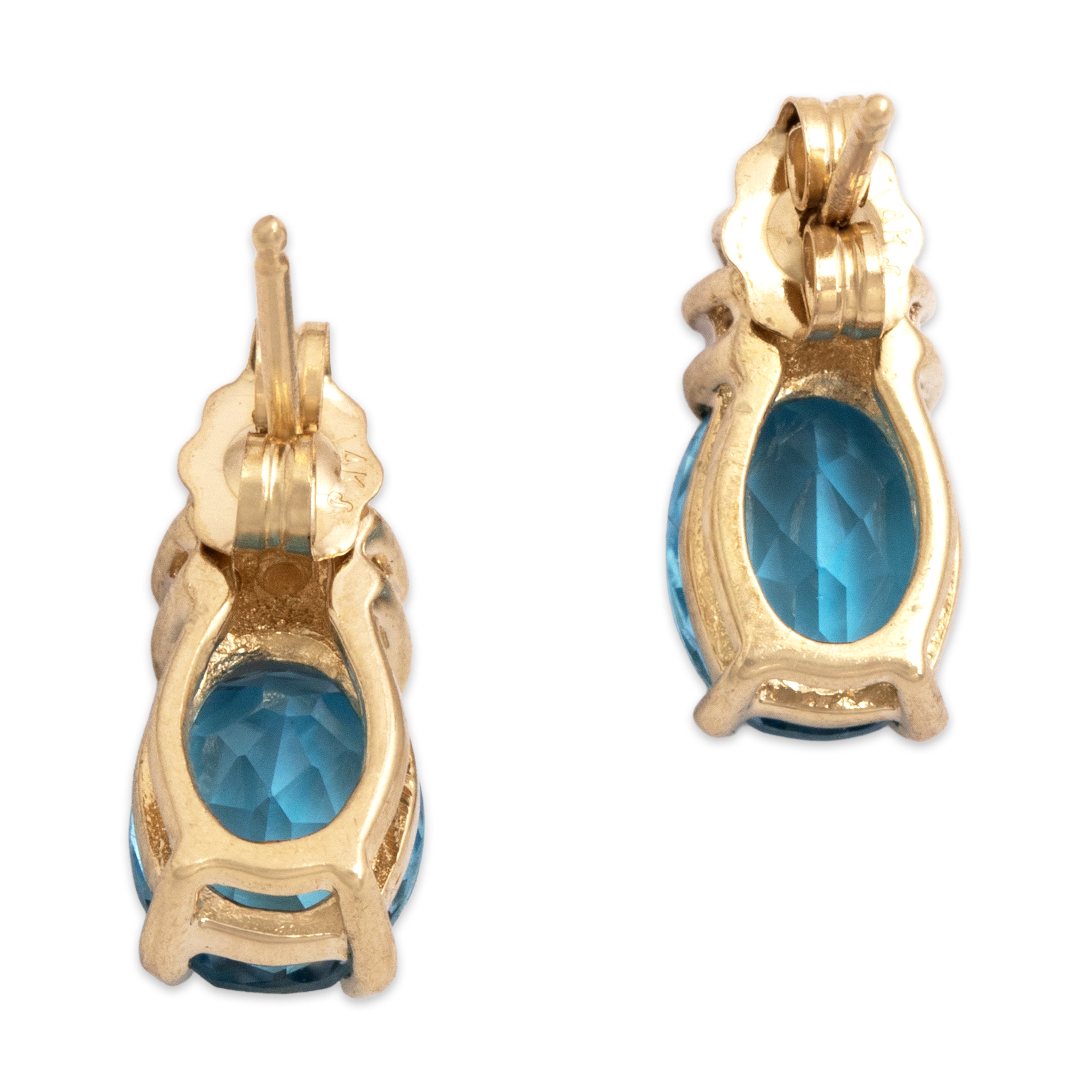Vintage 14k Yellow Gold 2.79cttw Blue Topaz Diamond Vivid Summery Cluster Stud Earrings - Back view