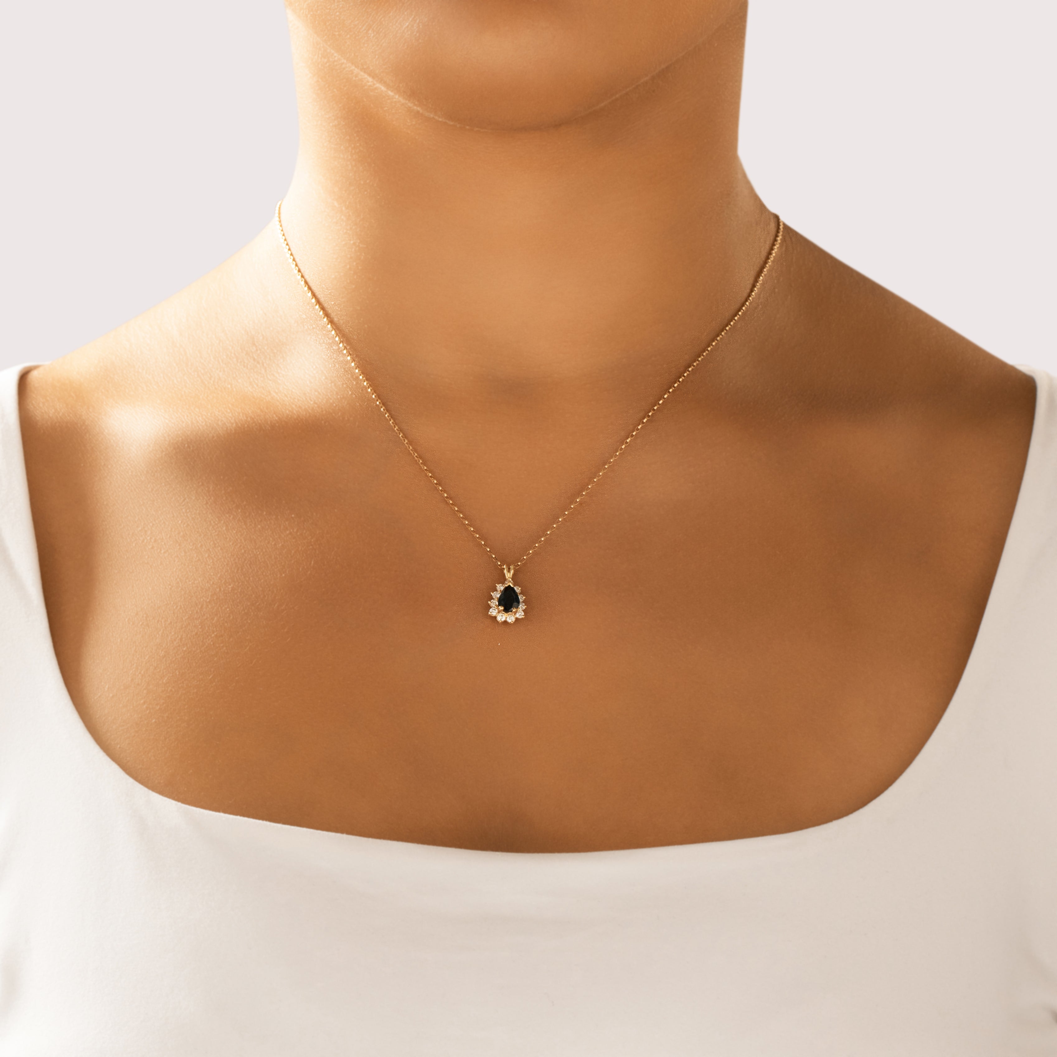 Vintage 14k Yellow Gold .8ct Blue Sapphire Diamond Halo Teardrop Pendant - On model view