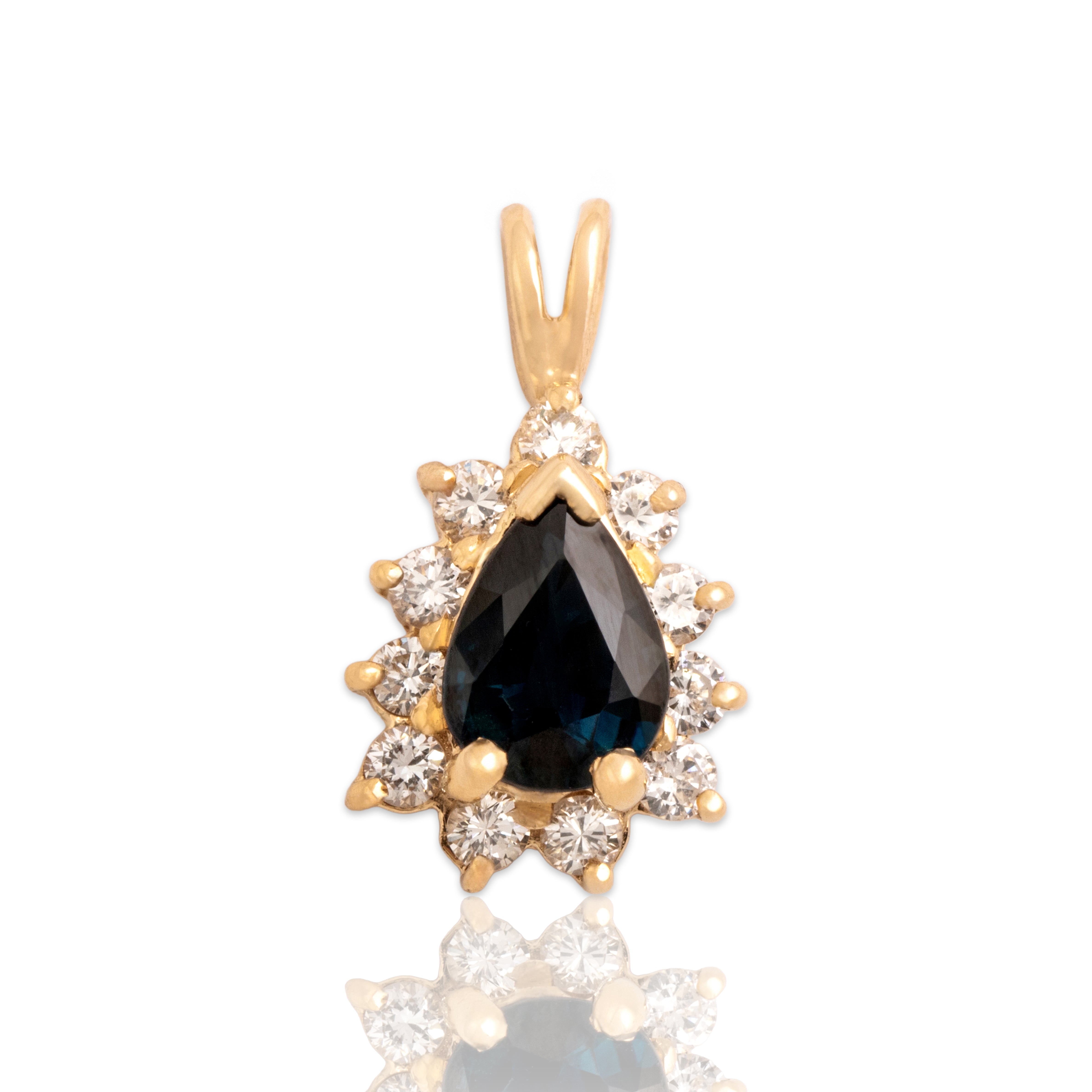 Vintage 14k Yellow Gold .8ct Blue Sapphire Diamond Halo Teardrop Pendant - Close-up view