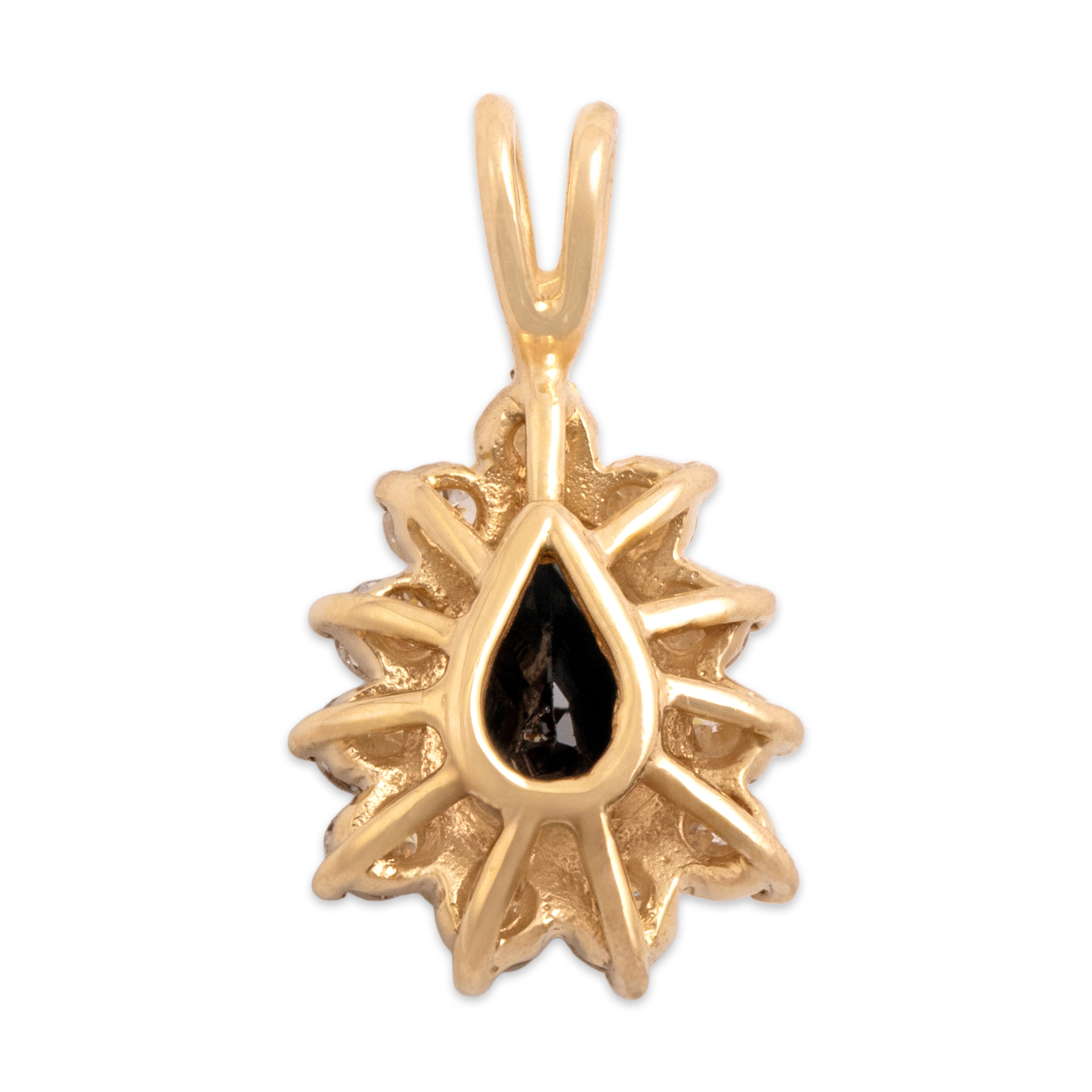 Vintage 14k Yellow Gold .8ct Blue Sapphire Diamond Halo Teardrop Pendant - Back view