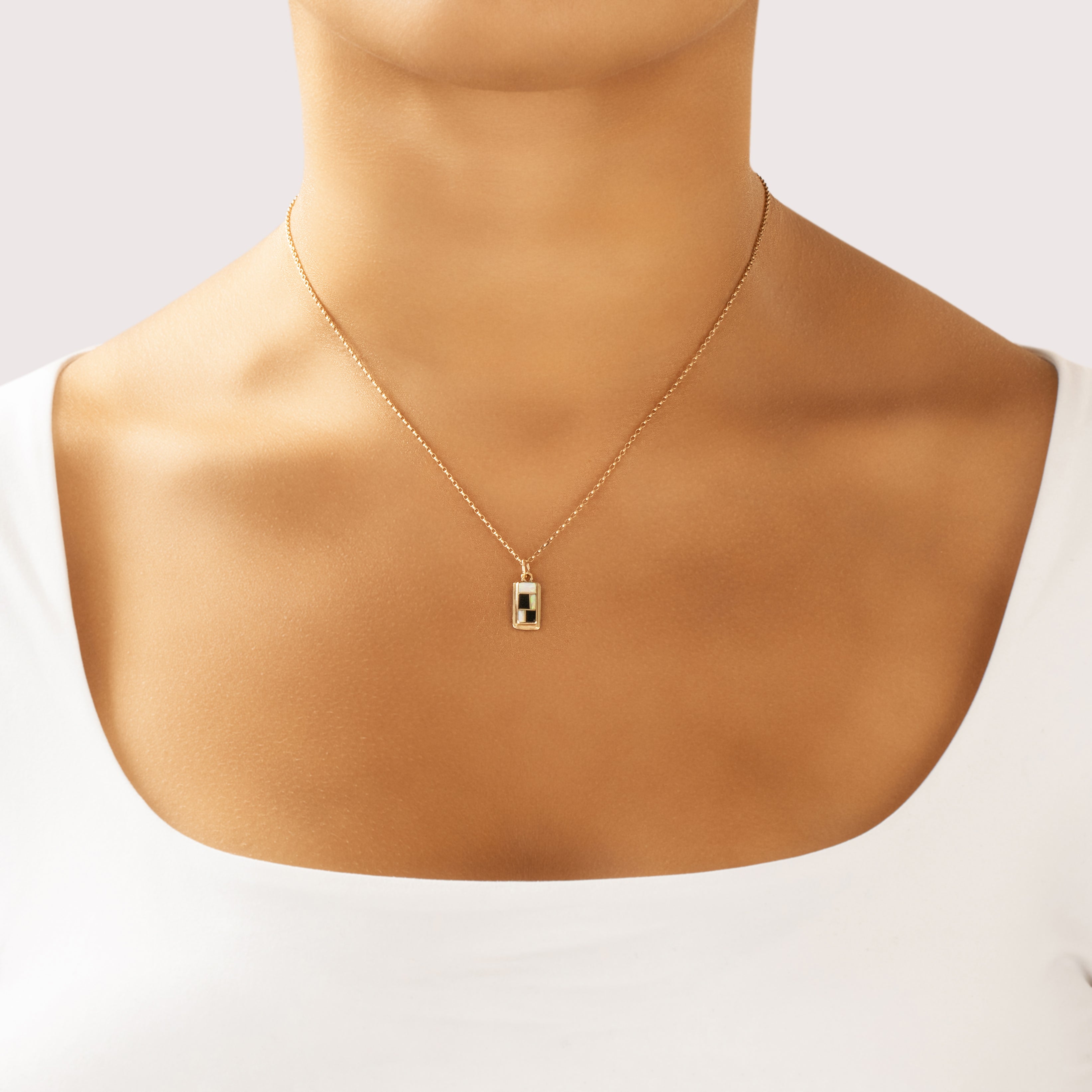 Vintage 14k Yellow Gold Opal Onyx Checkerboard Inlay Rectangle Pendant - On model view