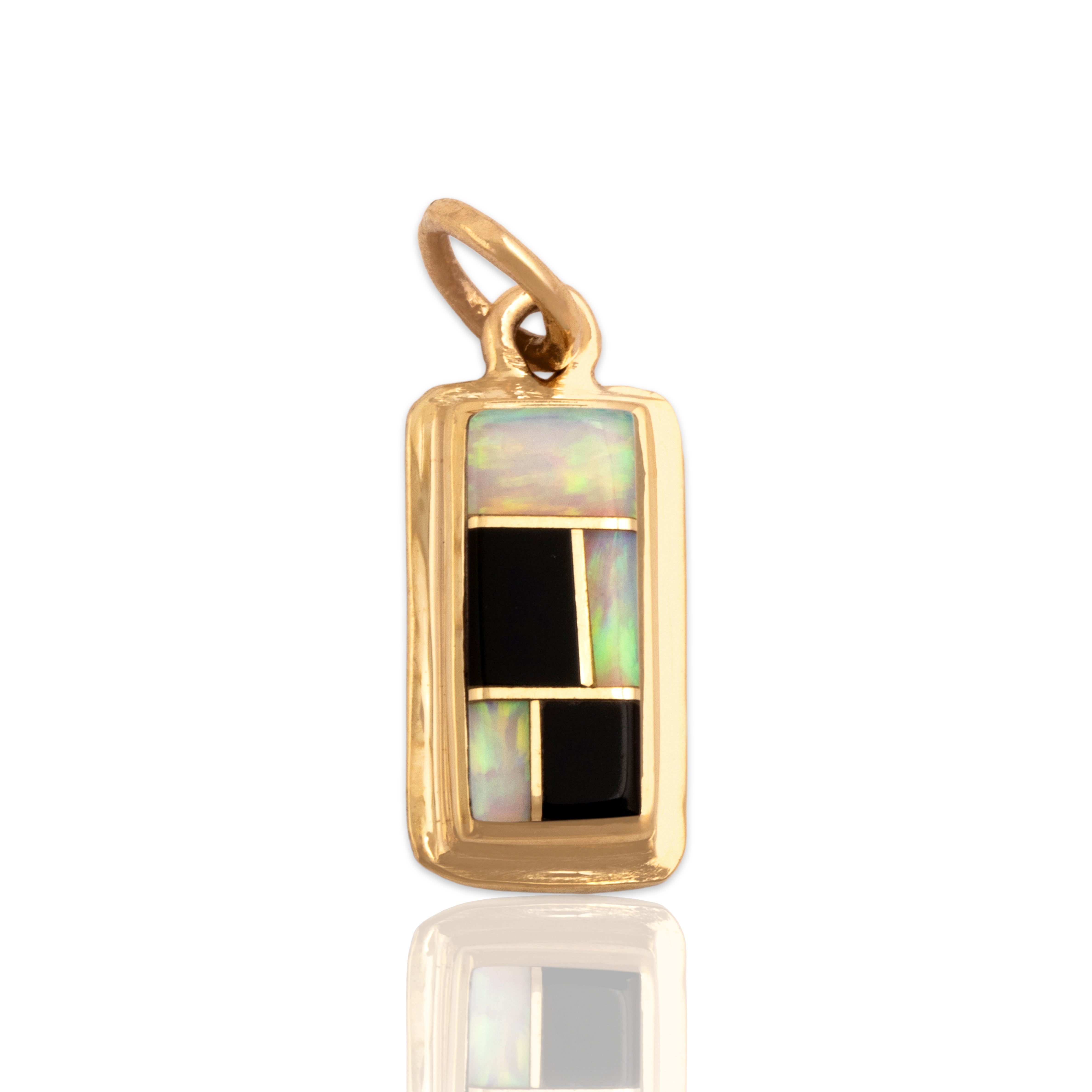 Vintage 14k Yellow Gold Opal Onyx Checkerboard Inlay Rectangle Pendant - Close-up view