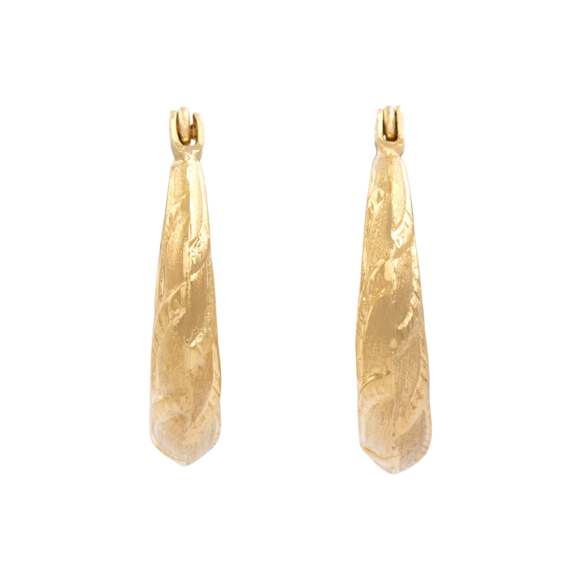 Vintage Lightweight 14k Yellow Gold Ornate Vine Decorated Hoop Earrings