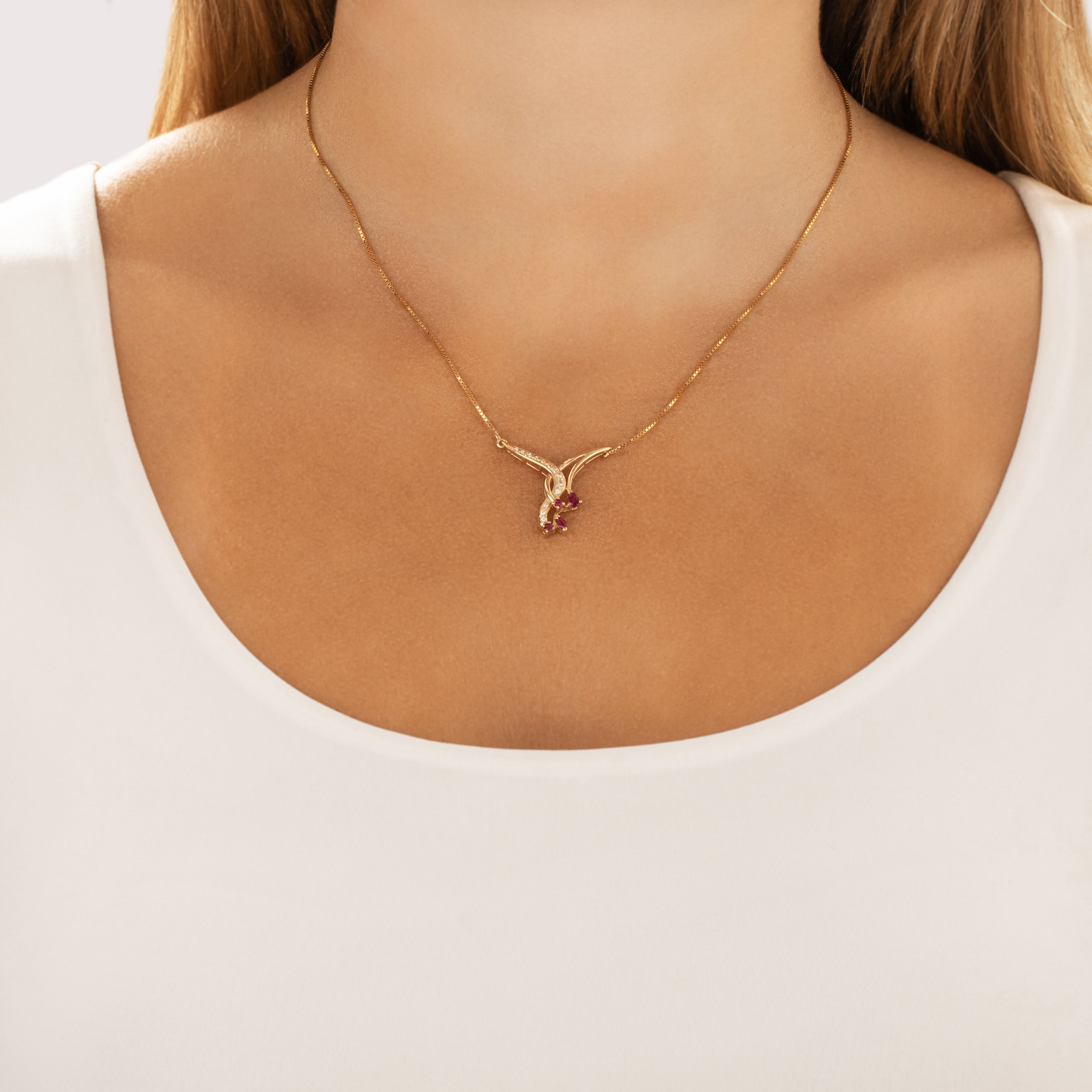 Vintage Italian 14k Yellow Gold Ruby Diamond Twist Necklace - On model view