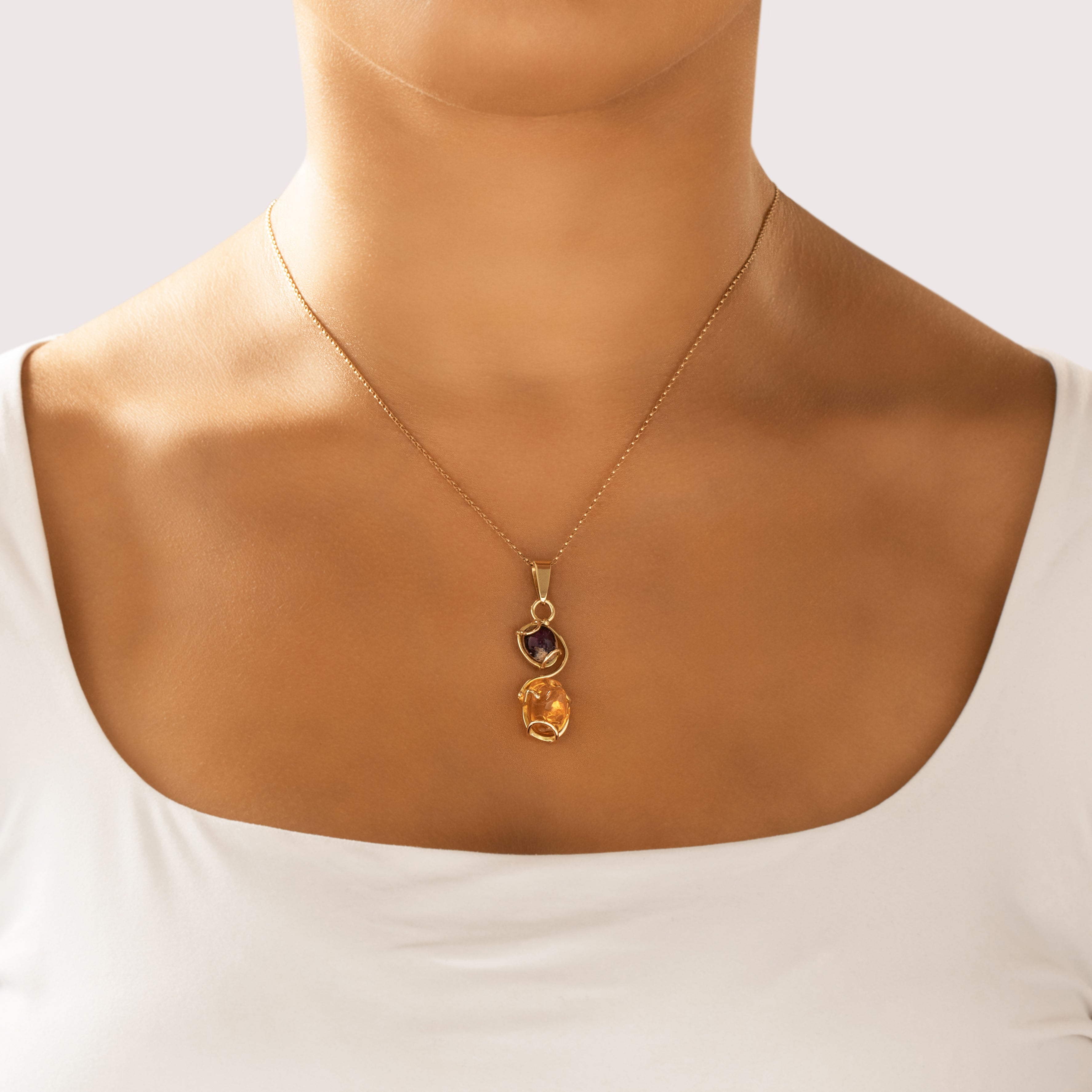 Vintage 14k Yellow Gold 11.96cttw Purple Boulder Orange Jelly Opal Fabulous Artistic Iridescent Duo Pendant - On model view