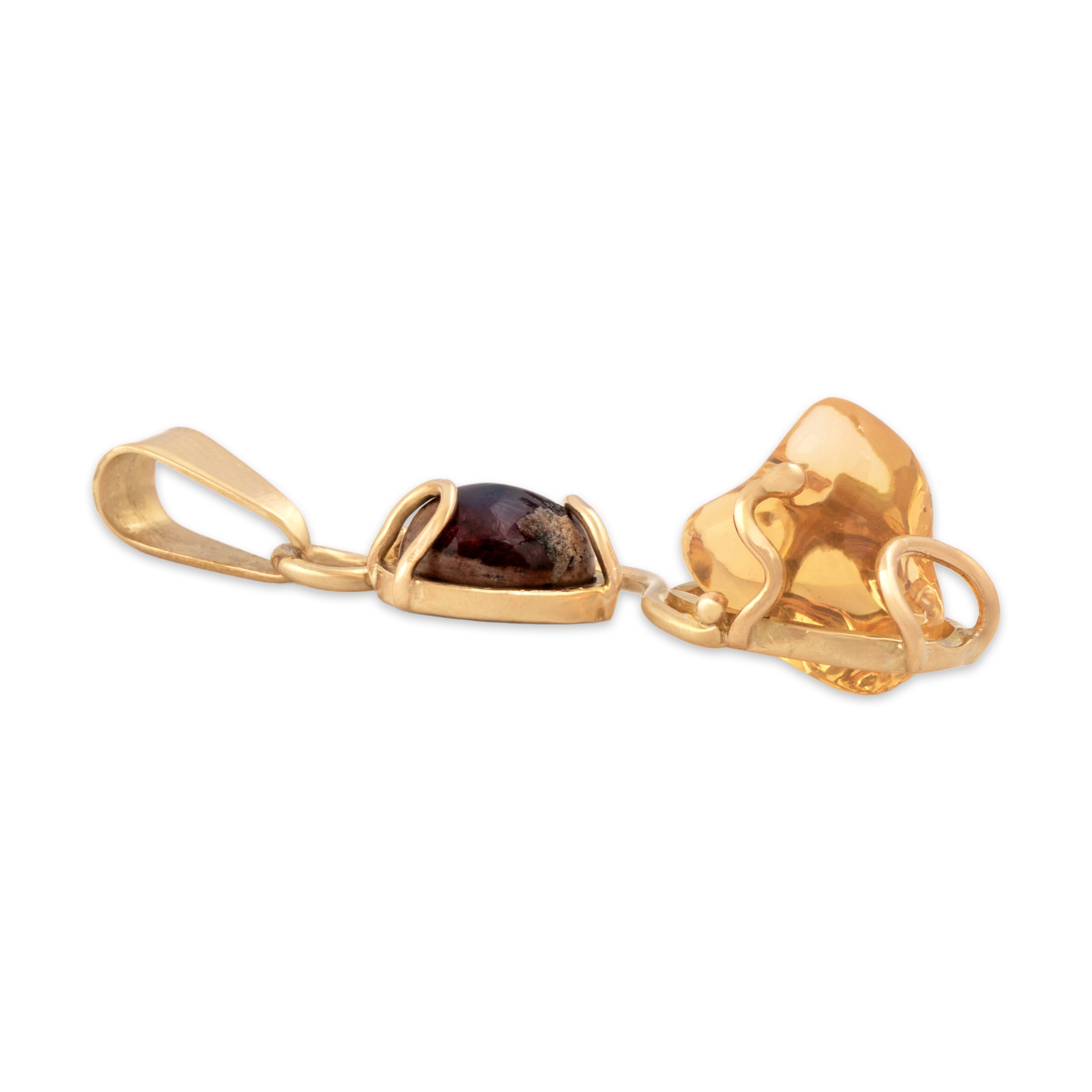 Vintage 14k Yellow Gold 11.96cttw Purple Boulder Orange Jelly Opal Fabulous Artistic Iridescent Duo Pendant - Side view
