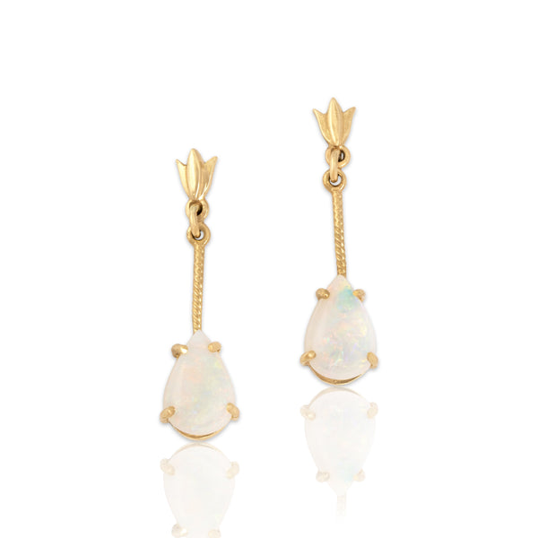 Vintage 14k Yellow Gold 1.47cttw Opal Lotus Detail Teardrop Dangle Earrings