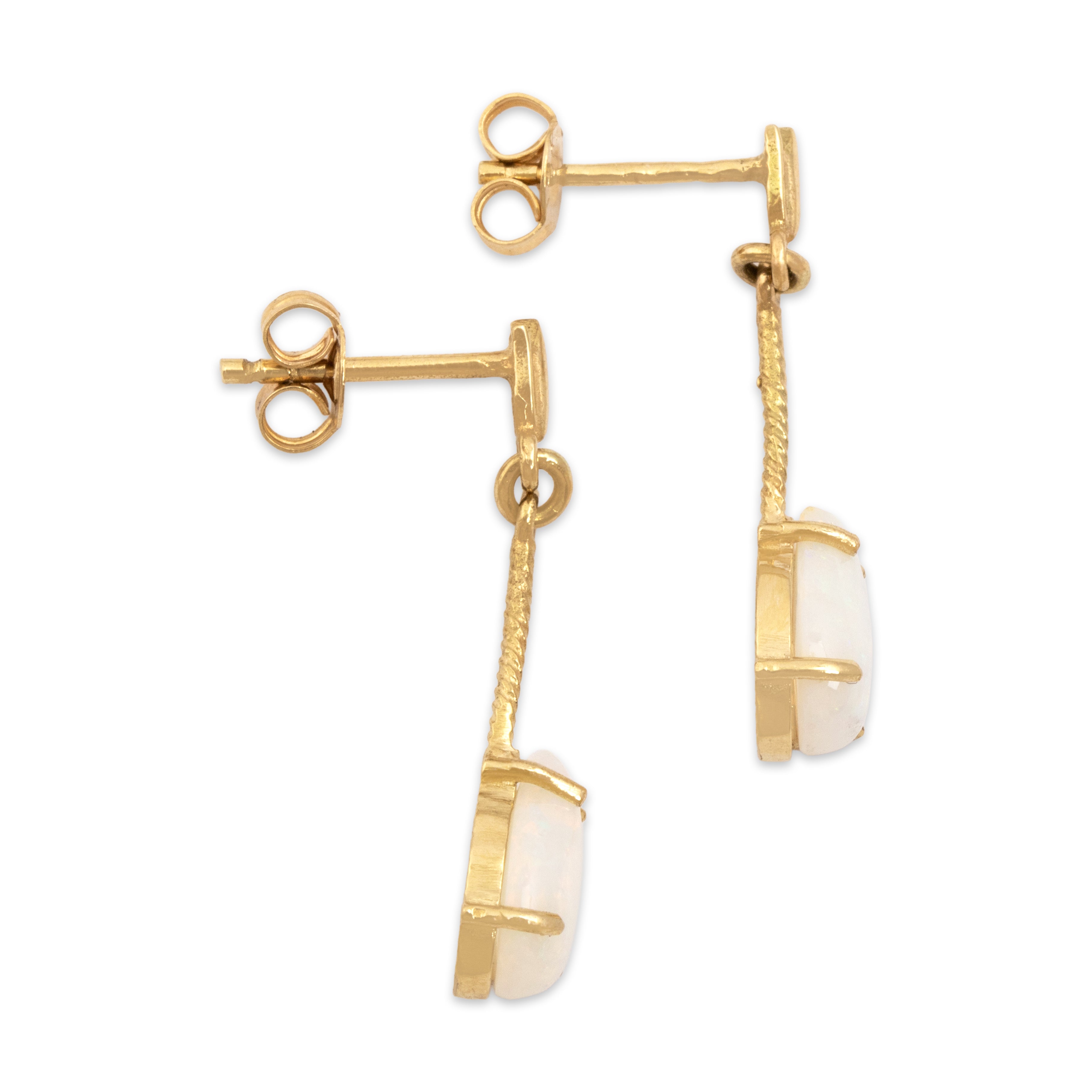 Vintage 14k Yellow Gold 1.47cttw Opal Lotus Detail Teardrop Dangle Earrings - Side view