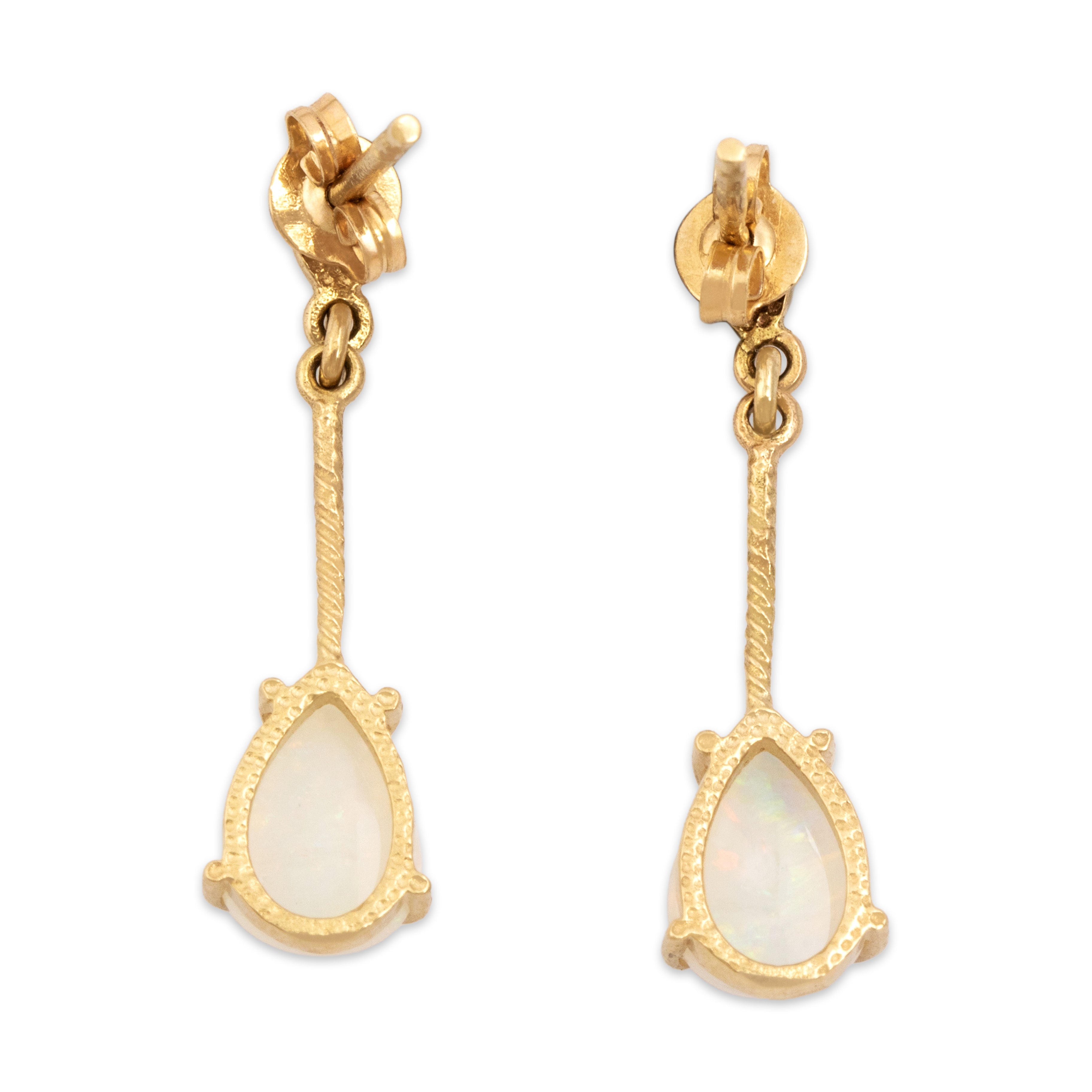 Vintage 14k Yellow Gold 1.47cttw Opal Lotus Detail Teardrop Dangle Earrings - Back view