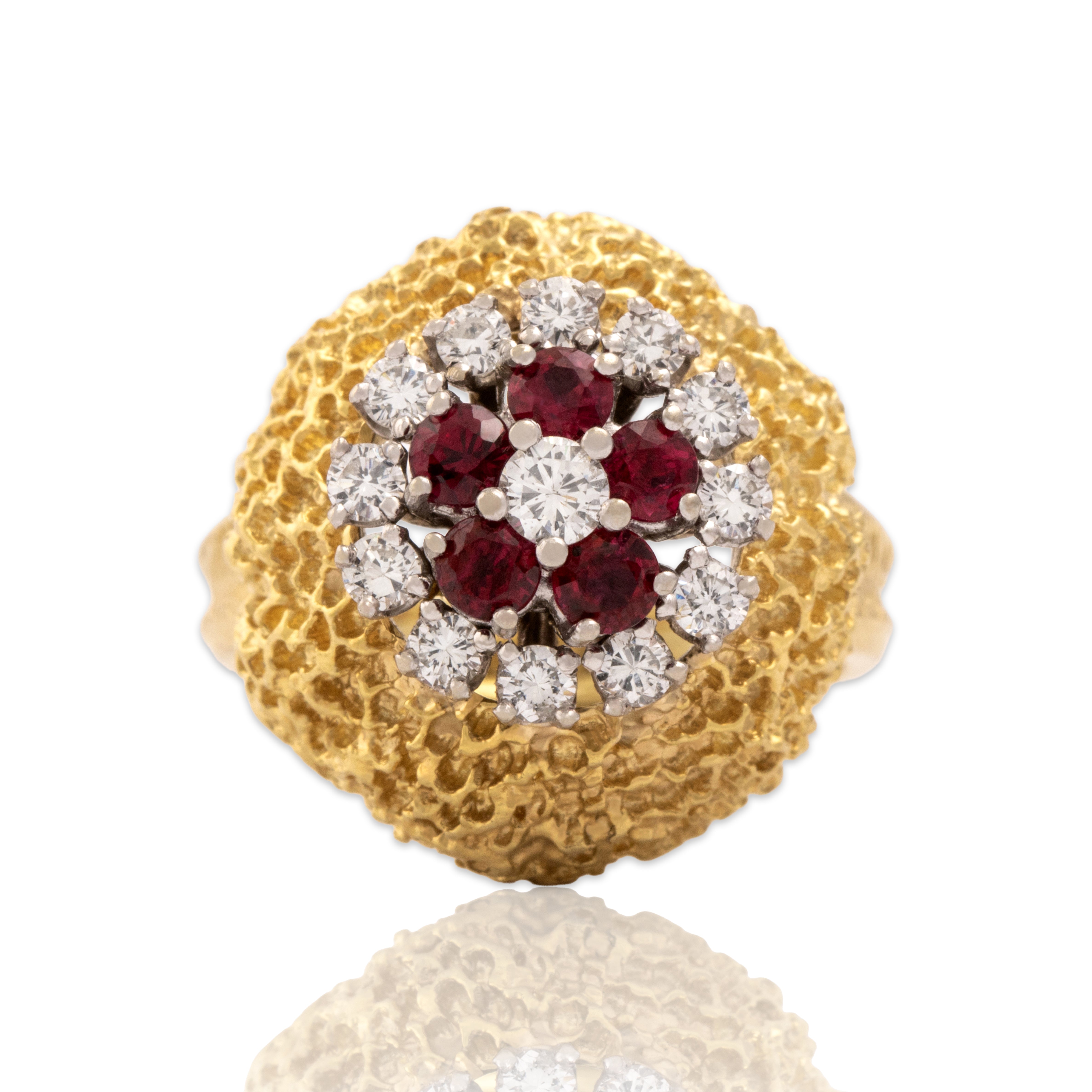 Vintage Heavy 18k Yellow & White Gold Diamond Ruby Brutalist Dome Ring - Close-up view
