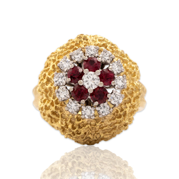 Vintage Heavy 18k Yellow & White Gold Diamond Ruby Brutalist Dome Ring 6.50