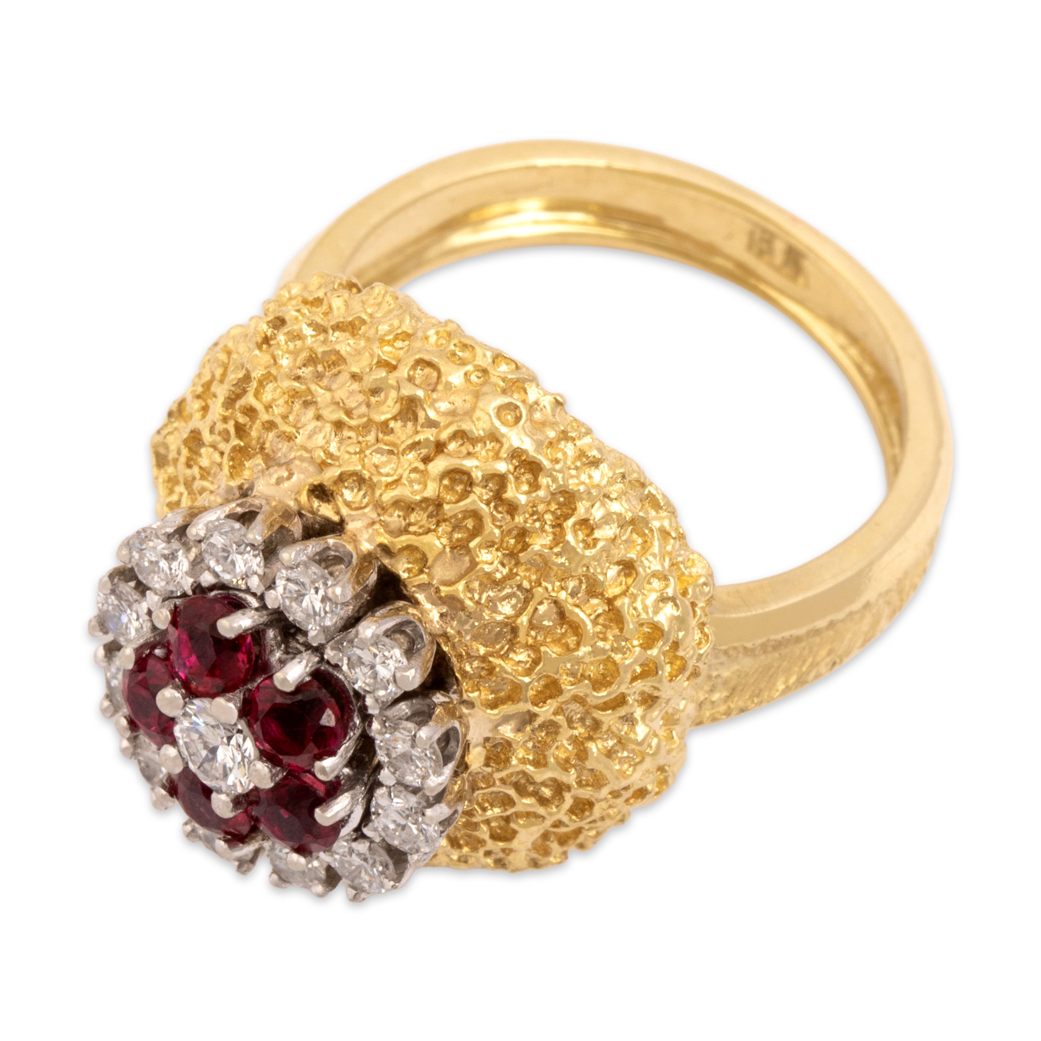 Vintage Heavy 18k Yellow & White Gold Diamond Ruby Brutalist Dome Ring - Overall view