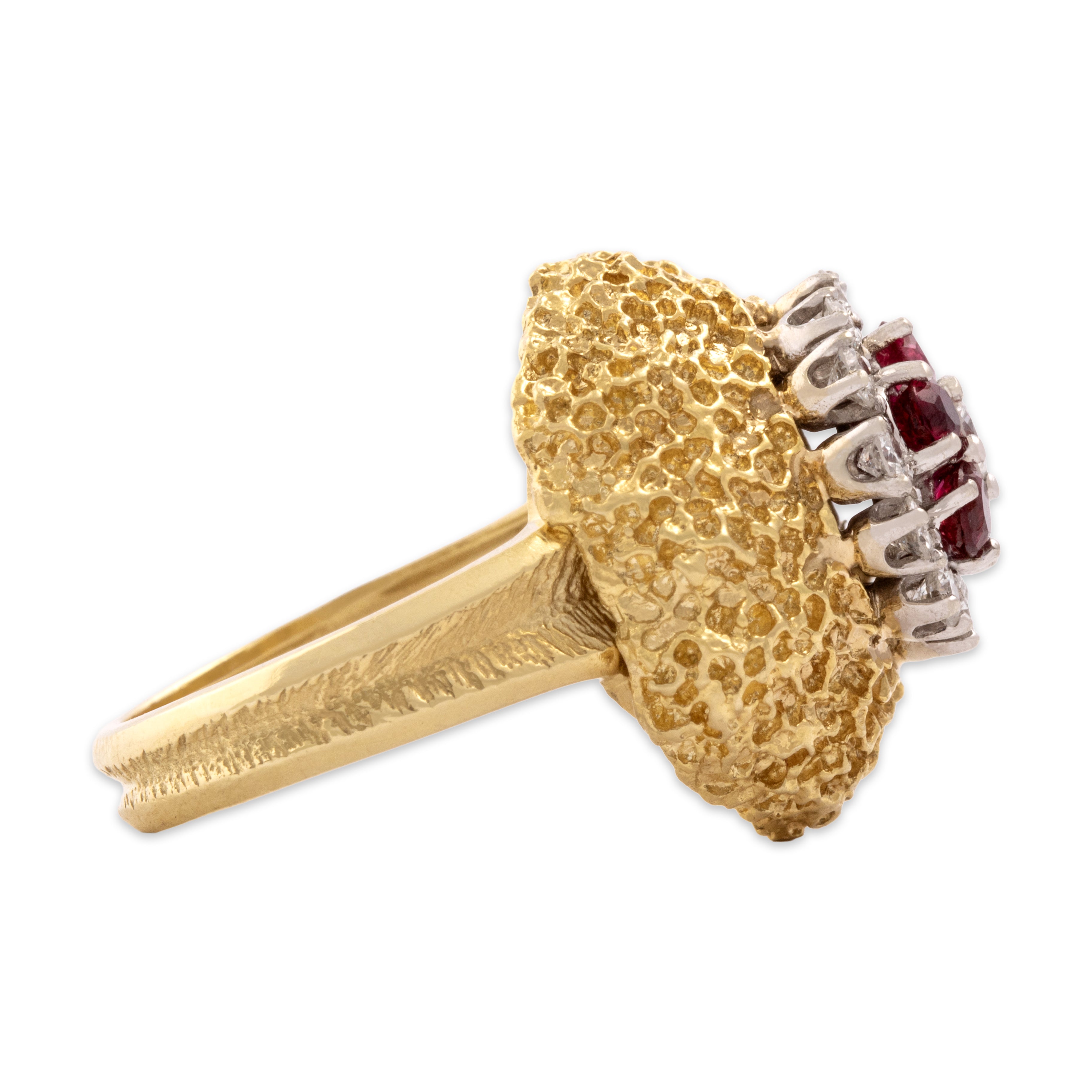 Vintage Heavy 18k Yellow & White Gold Diamond Ruby Brutalist Dome Ring - Side view