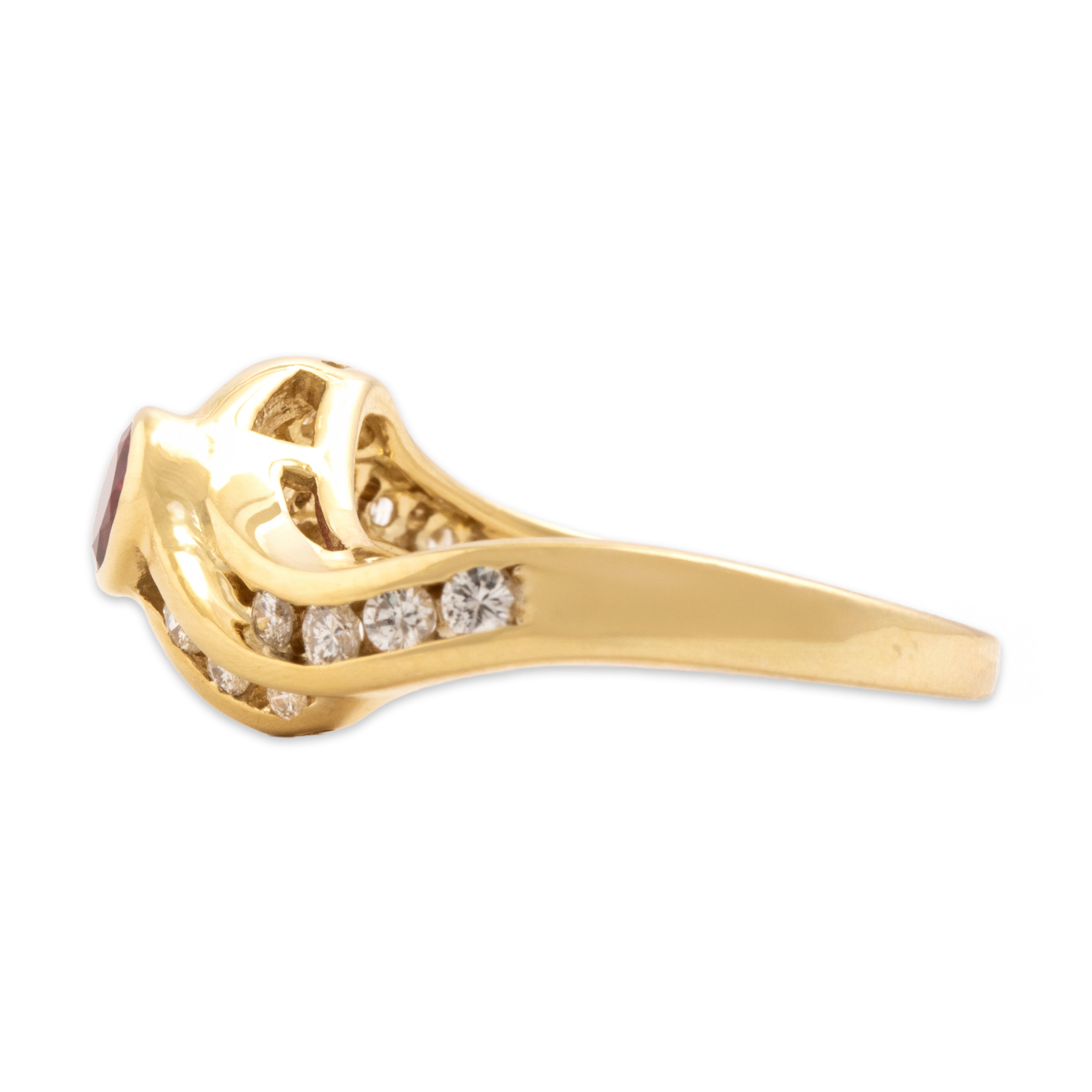 Vintage 18k Yellow Gold Ruby Diamond Wavy Sparkling Channel Ring - Side view