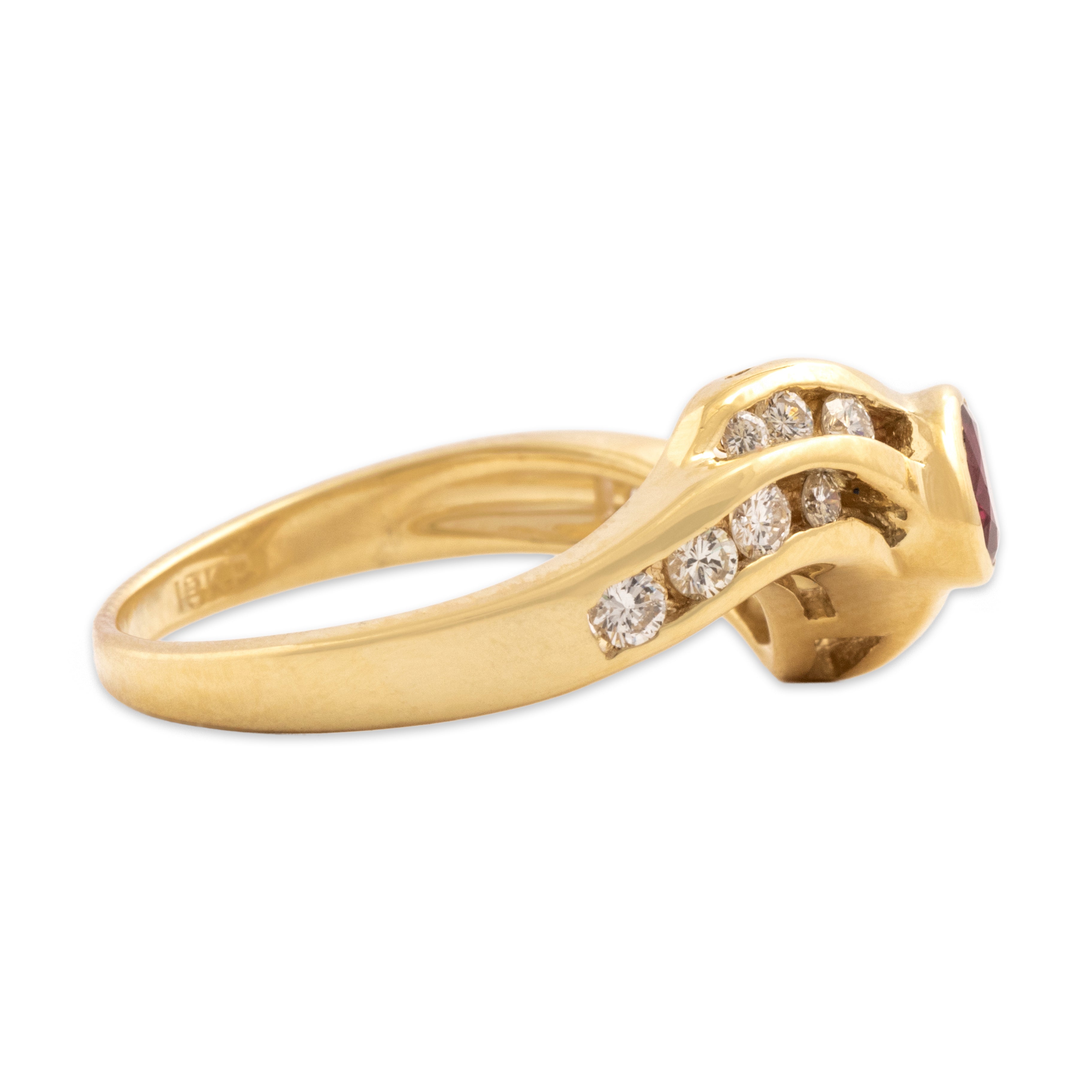Vintage 18k Yellow Gold Ruby Diamond Wavy Sparkling Channel Ring - Side view