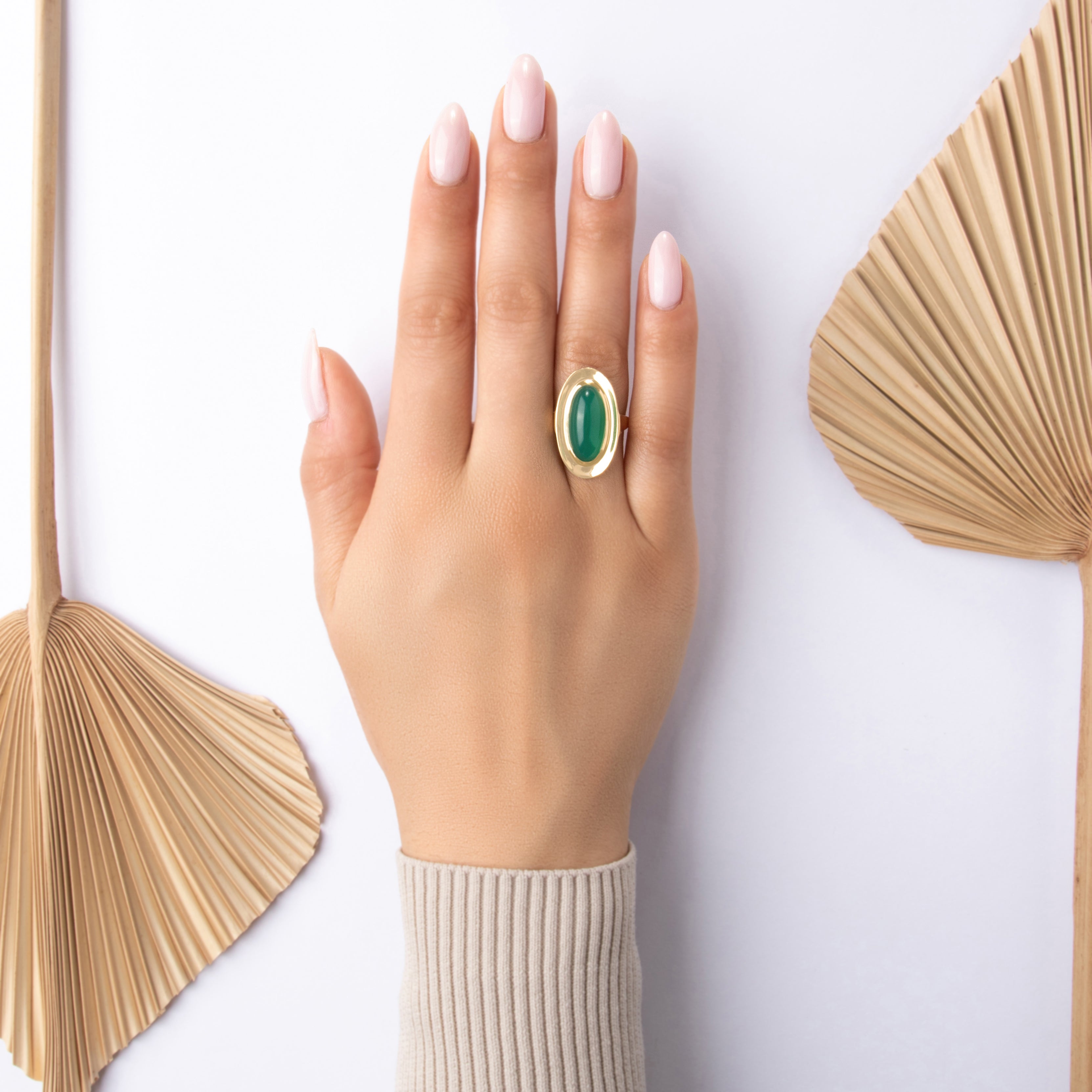 Vintage Large 18k Yellow Gold 7.28ct Green Chalcedony Elongated Framed Ring - On model view