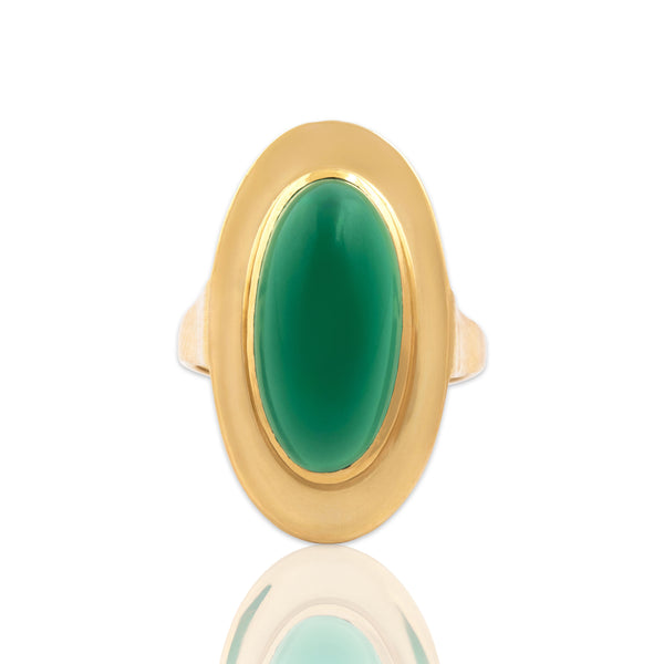 Vintage Large 18k Yellow Gold 7.28ct Green Chalcedony Elongated Framed Ring 7.25