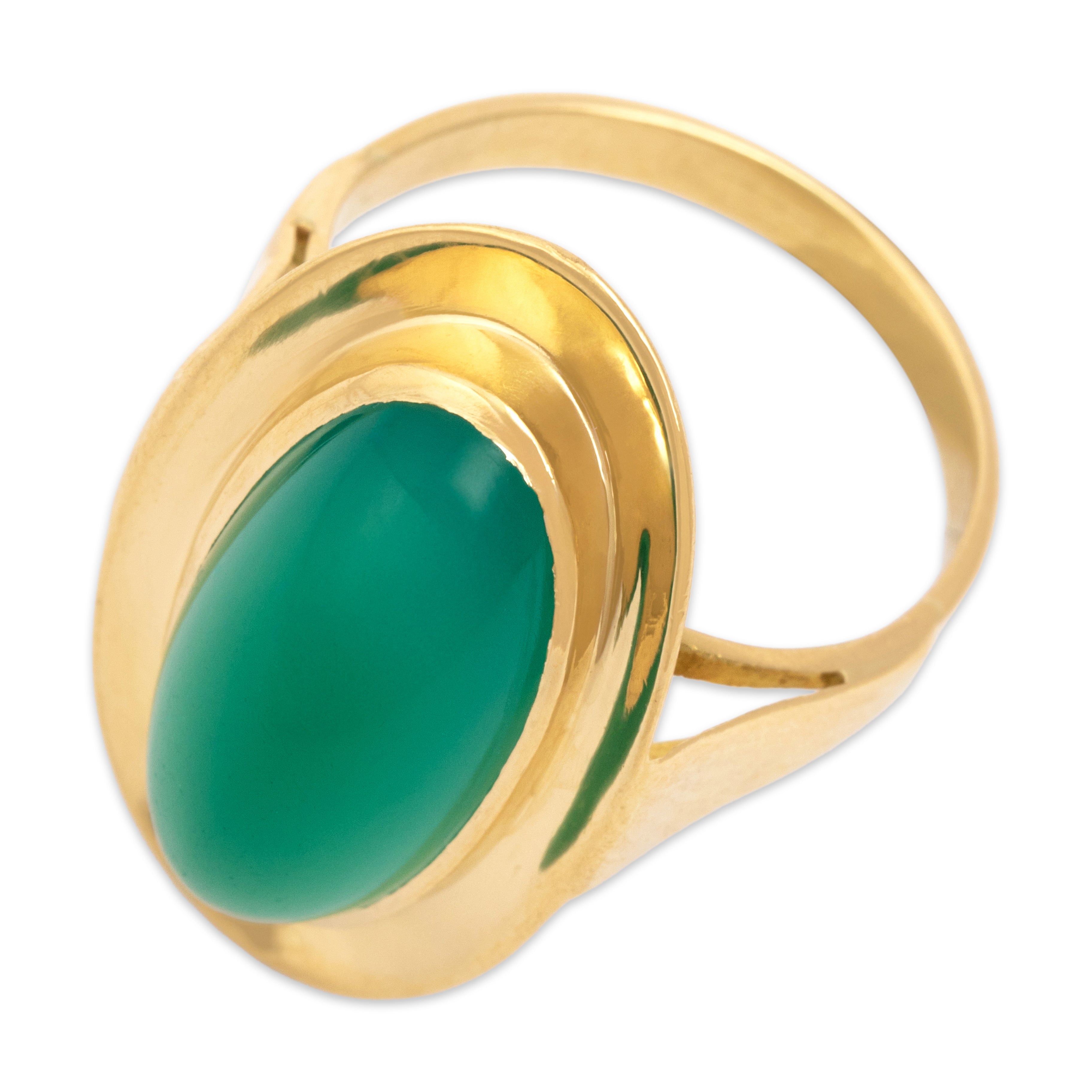 Vintage Large 18k Yellow Gold 7.28ct Green Chalcedony Elongated Framed Ring - Overall view