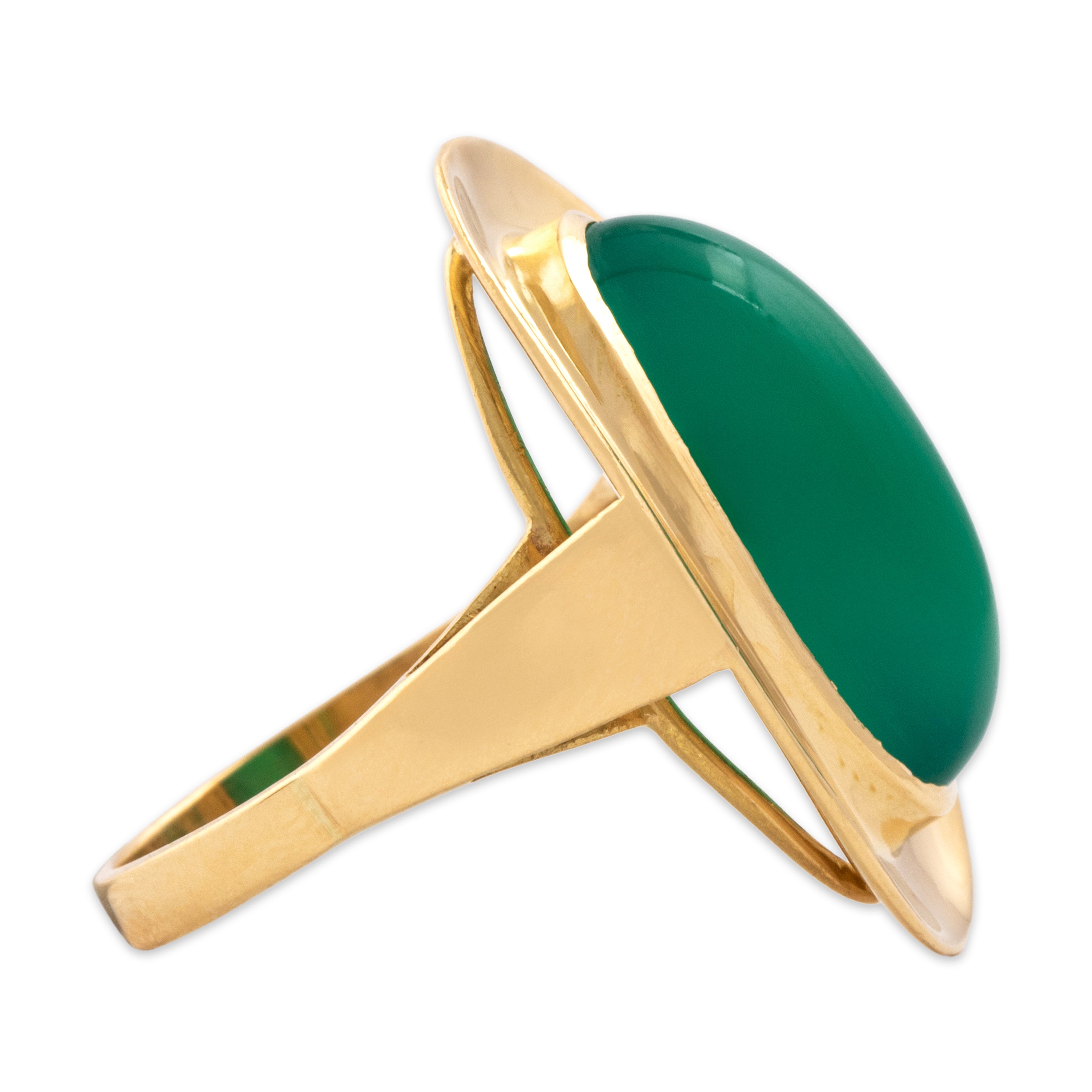 Vintage Large 18k Yellow Gold 7.28ct Green Chalcedony Elongated Framed Ring - Side view