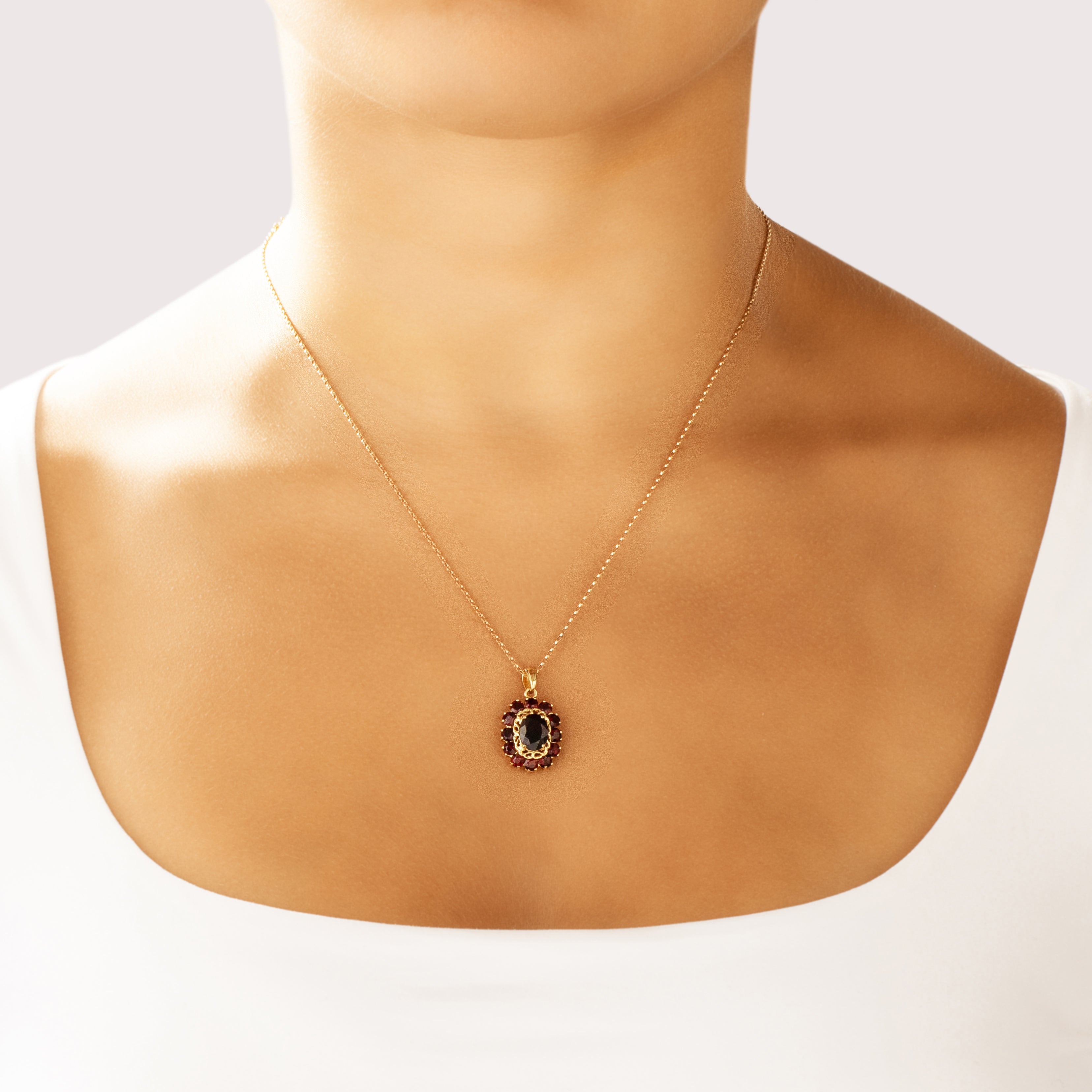 Vintage 18k Yellow Gold 4.13cttw Garnet Dramatic Crimson Halo Pendant - On model view
