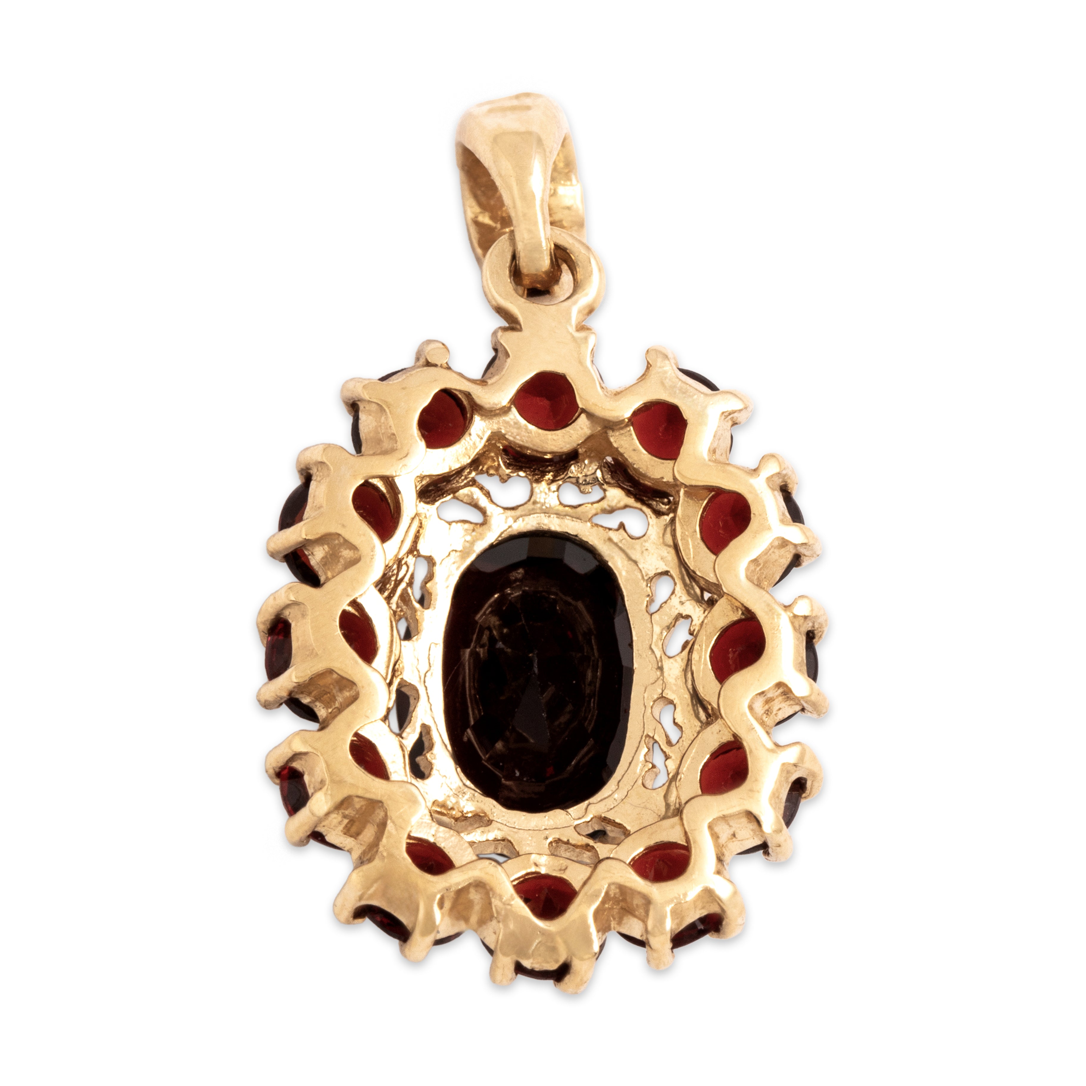Vintage 18k Yellow Gold 4.13cttw Garnet Dramatic Crimson Halo Pendant - Back view