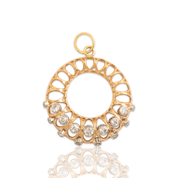 Vintage 18k Rosy Yellow Gold & Platinum .5cttw Old Mine Cut Diamond Open Wreath Medallion Pendant - Close-up view