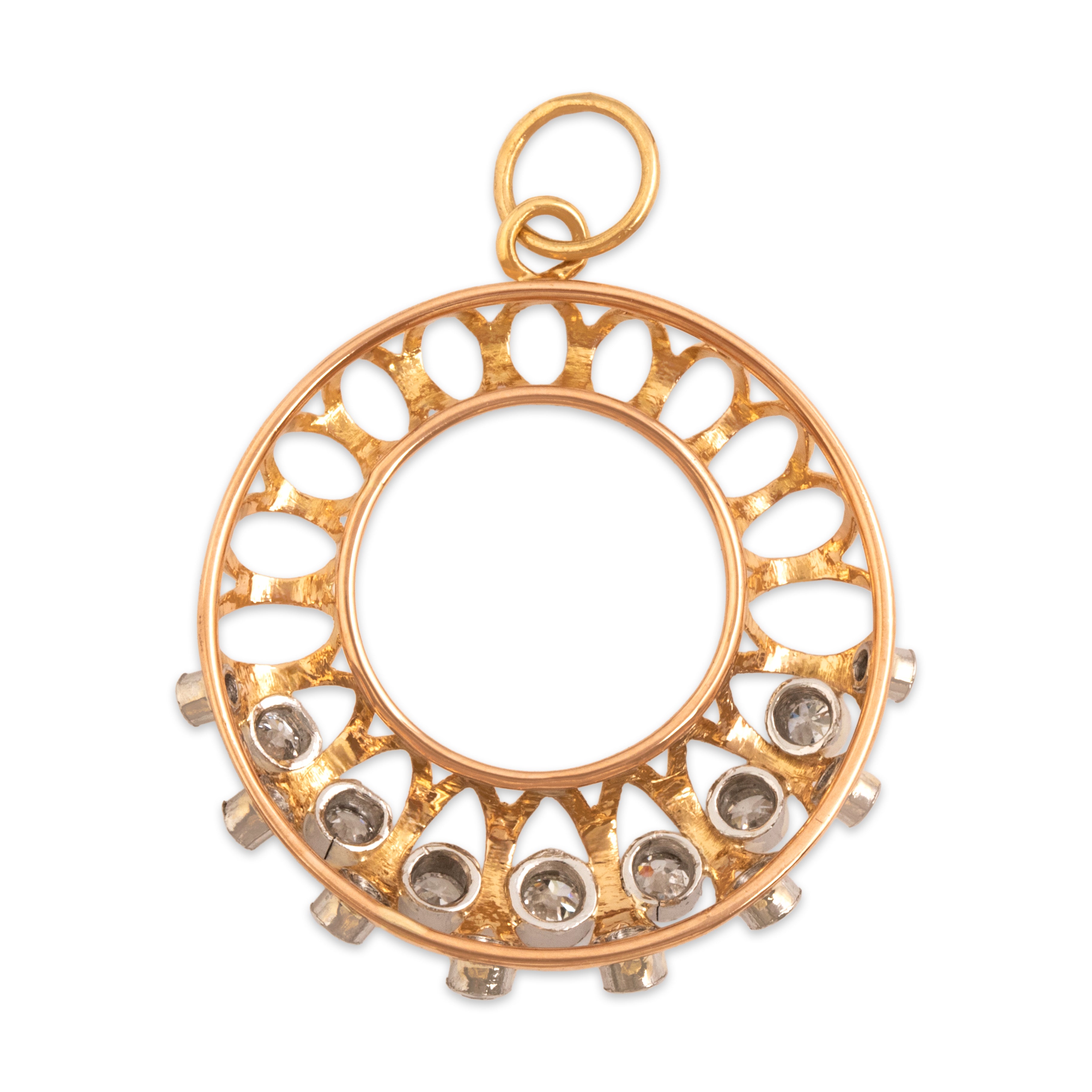 Vintage 18k Rosy Yellow Gold & Platinum .5cttw Old Mine Cut Diamond Open Wreath Medallion Pendant - Back view