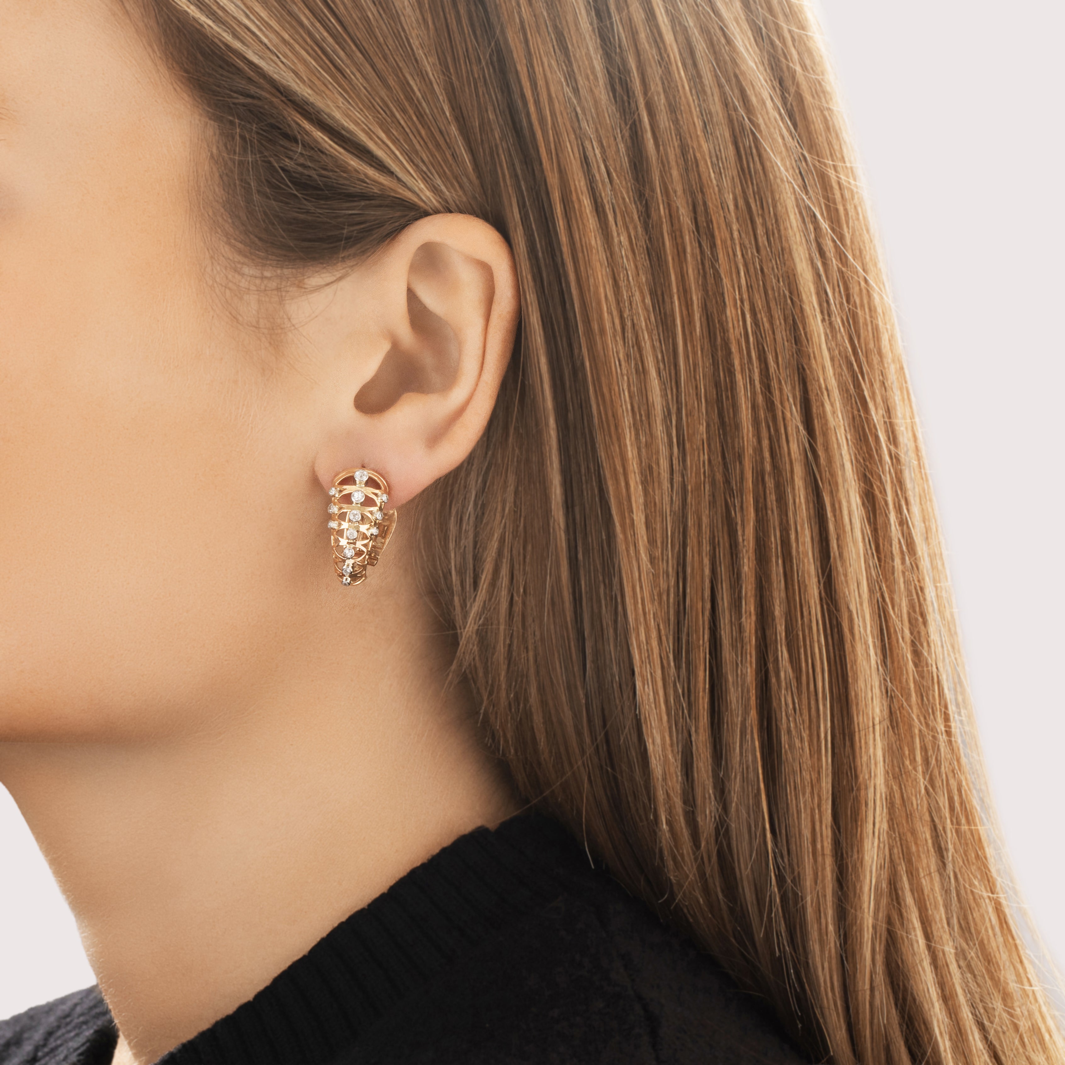 Vintage 18k Rosy Yellow & White Gold Old Mine Cut Diamond Abstract Tapered Omega-Back Earrings - On model view