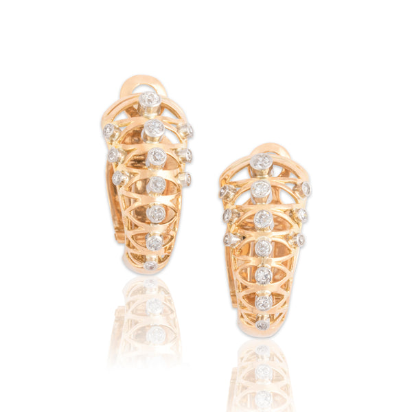 Vintage 18k Rosy Yellow & White Gold Old Mine Cut Diamond Omega-Back Earrings