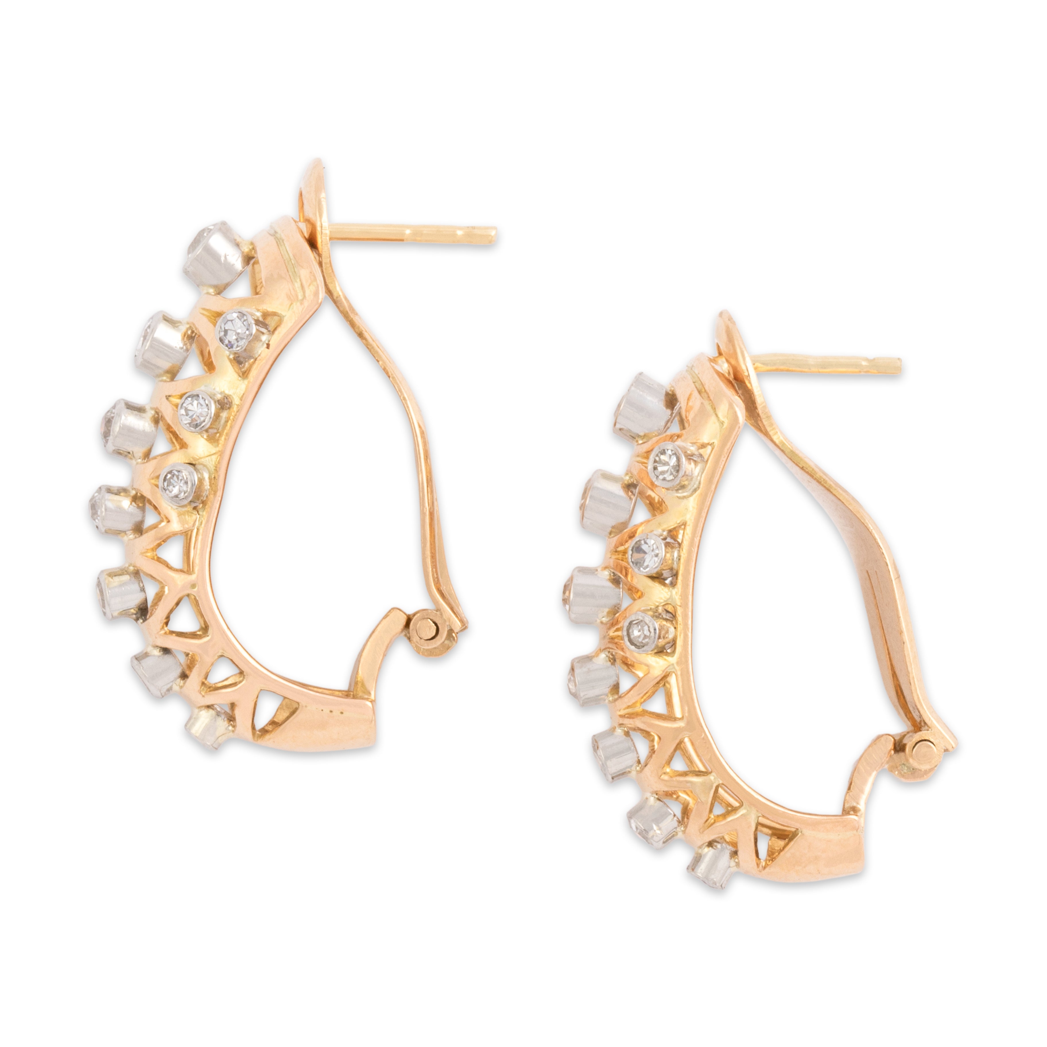 Vintage 18k Rosy Yellow & White Gold Old Mine Cut Diamond Abstract Tapered Omega-Back Earrings - Side view