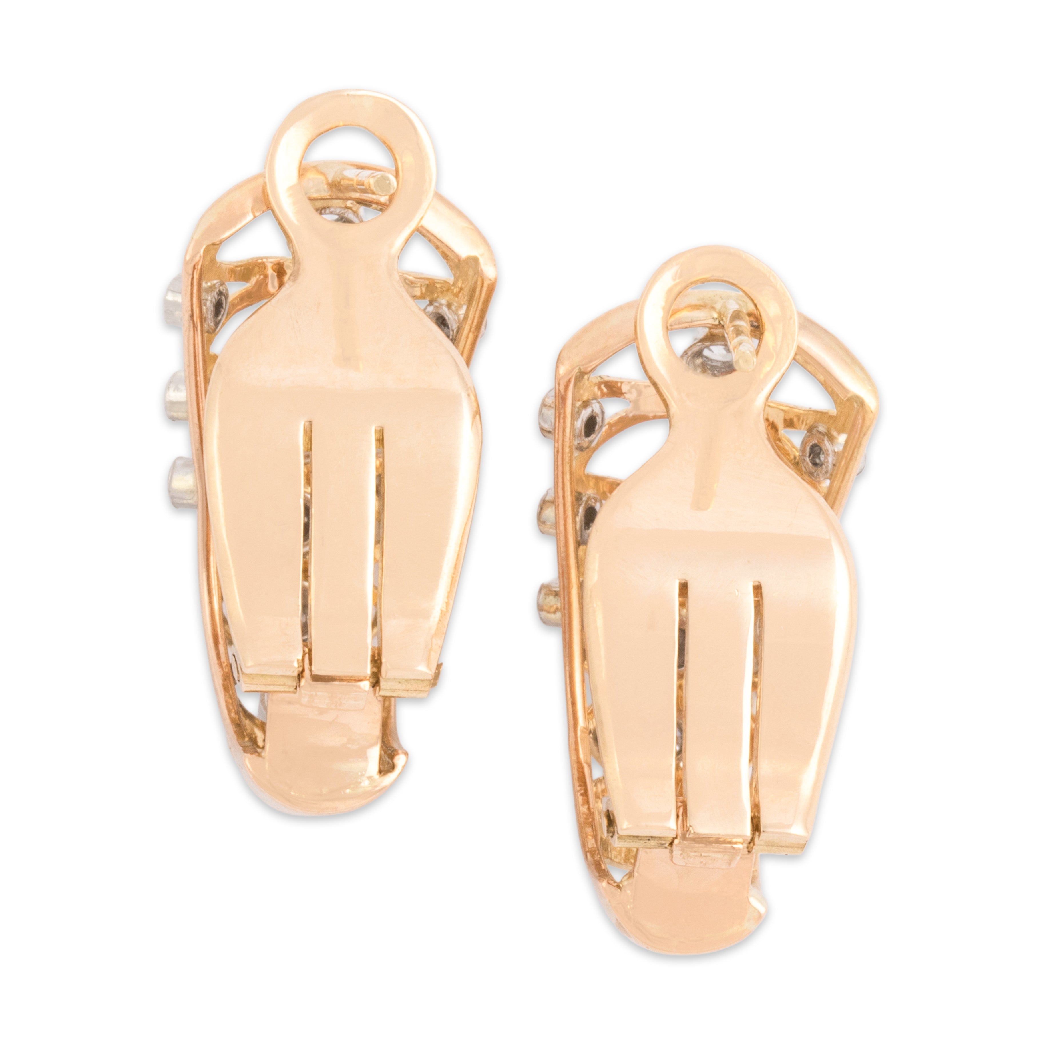 Vintage 18k Rosy Yellow & White Gold Old Mine Cut Diamond Abstract Tapered Omega-Back Earrings - Back view