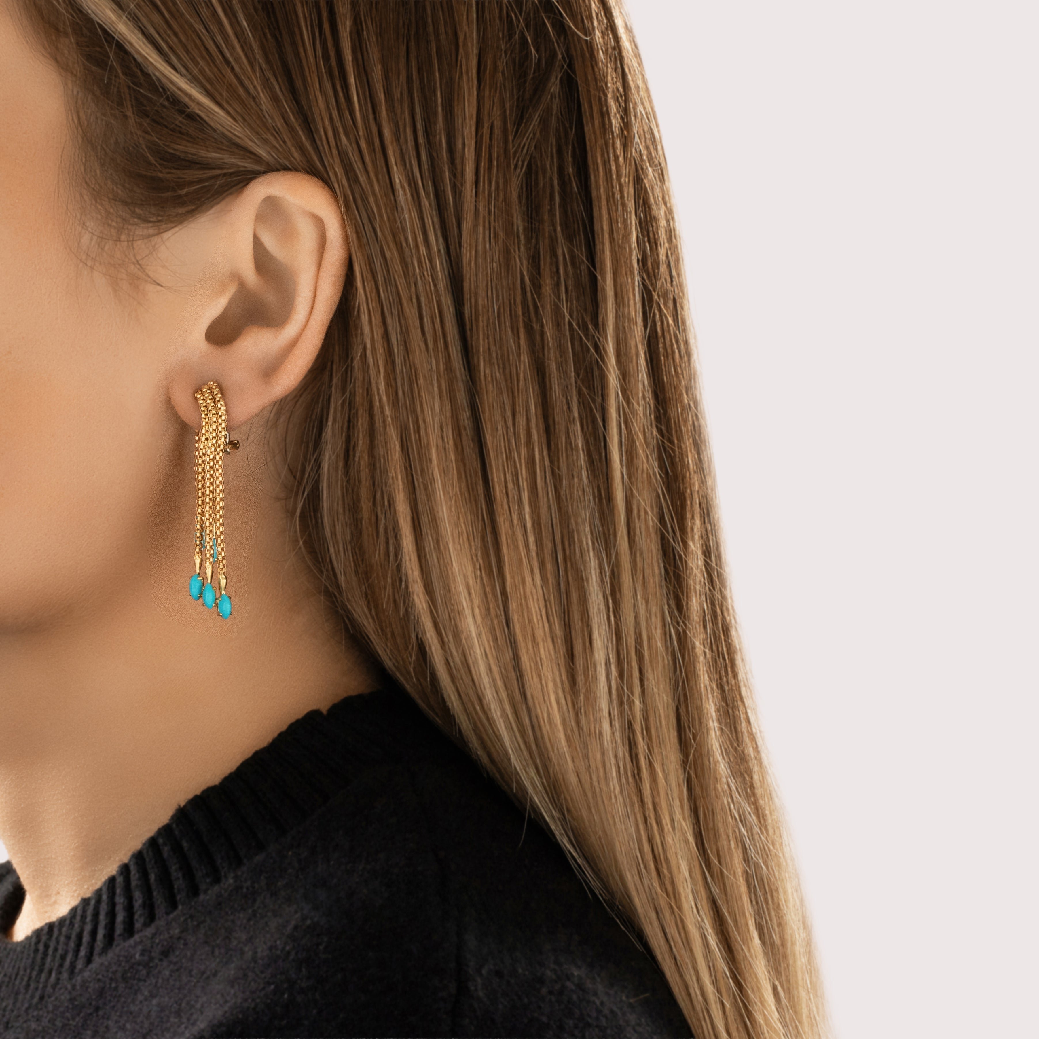 Vintage Italian Heavy 18k Yellow & White Gold 3.19cttw Turquoise Spectacular Fringe Dangle Omega-Back Earrings - On model view