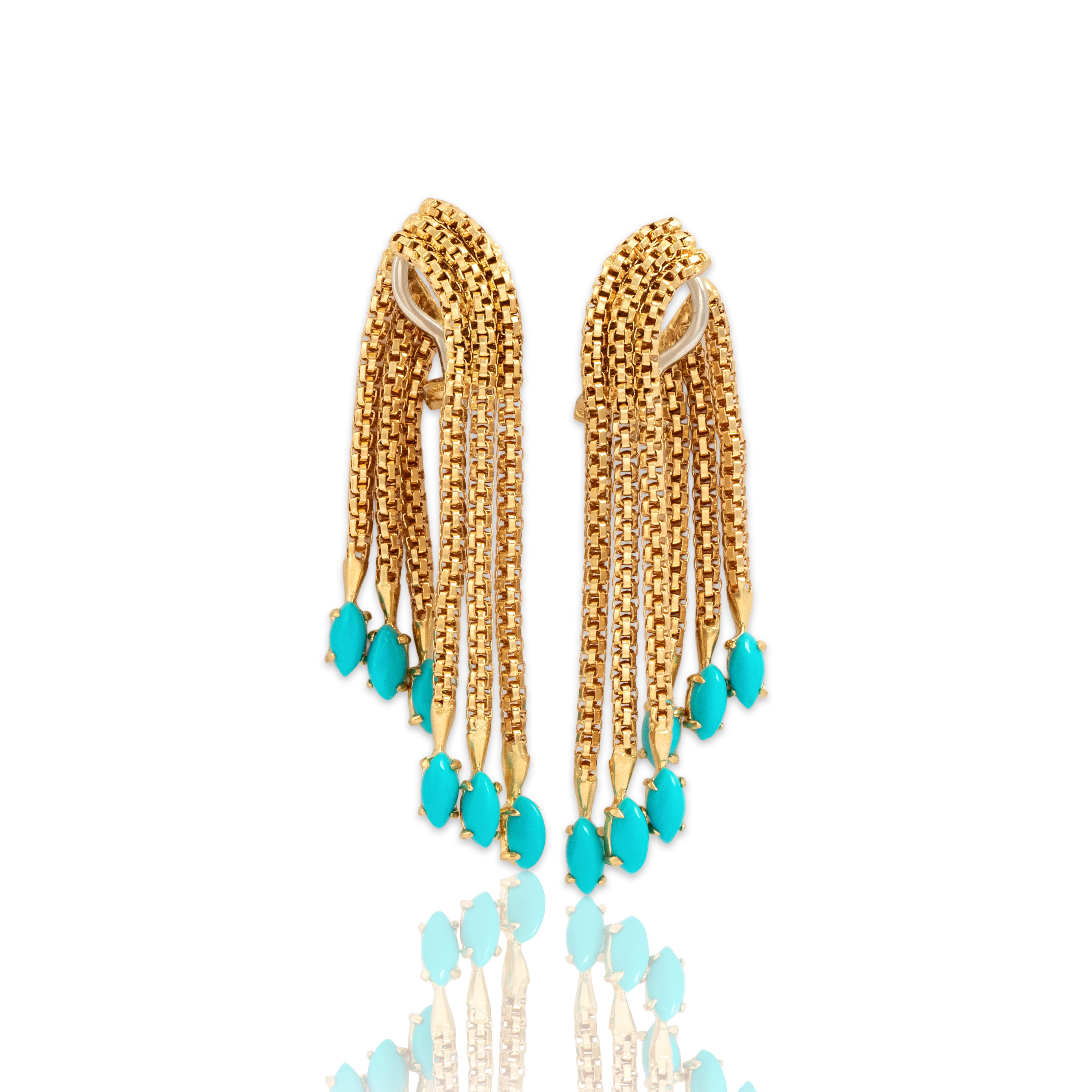 Vintage Italian 18k Yellow & White Gold 3.19cttw Turquoise Substantial Fringe Earrings