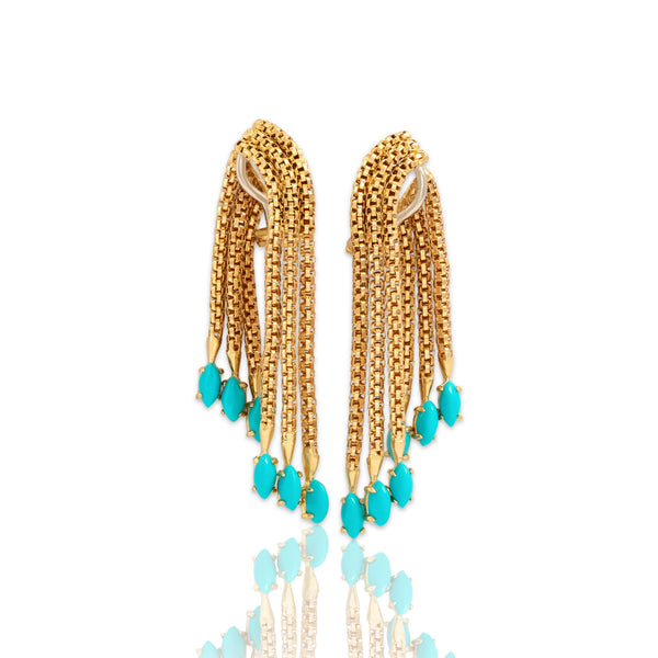 Vintage Italian 18k Yellow & White Gold 3.19cttw Turquoise Substantial Fringe Earrings