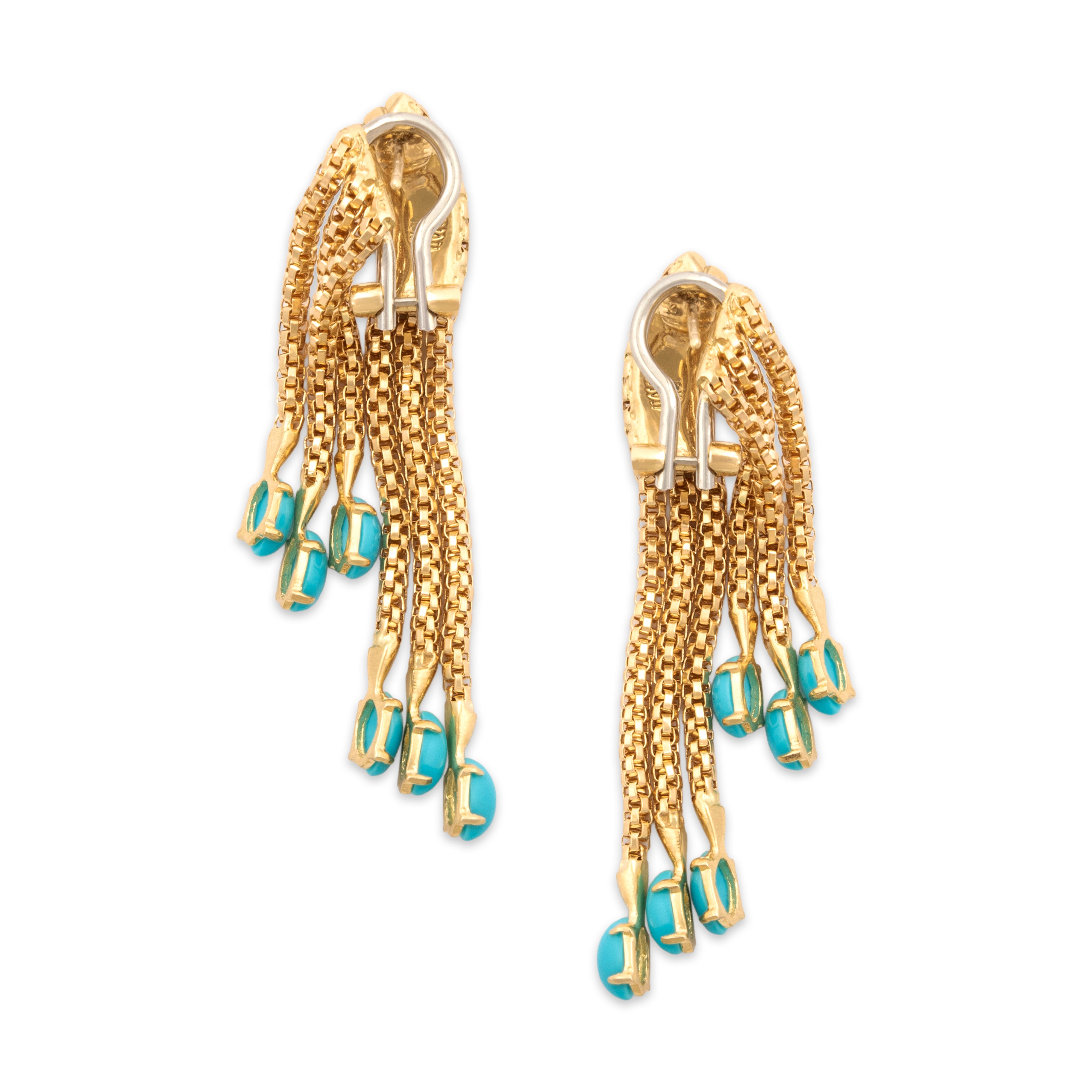 Vintage Italian Heavy 18k Yellow & White Gold 3.19cttw Turquoise Spectacular Fringe Dangle Omega-Back Earrings - Back view