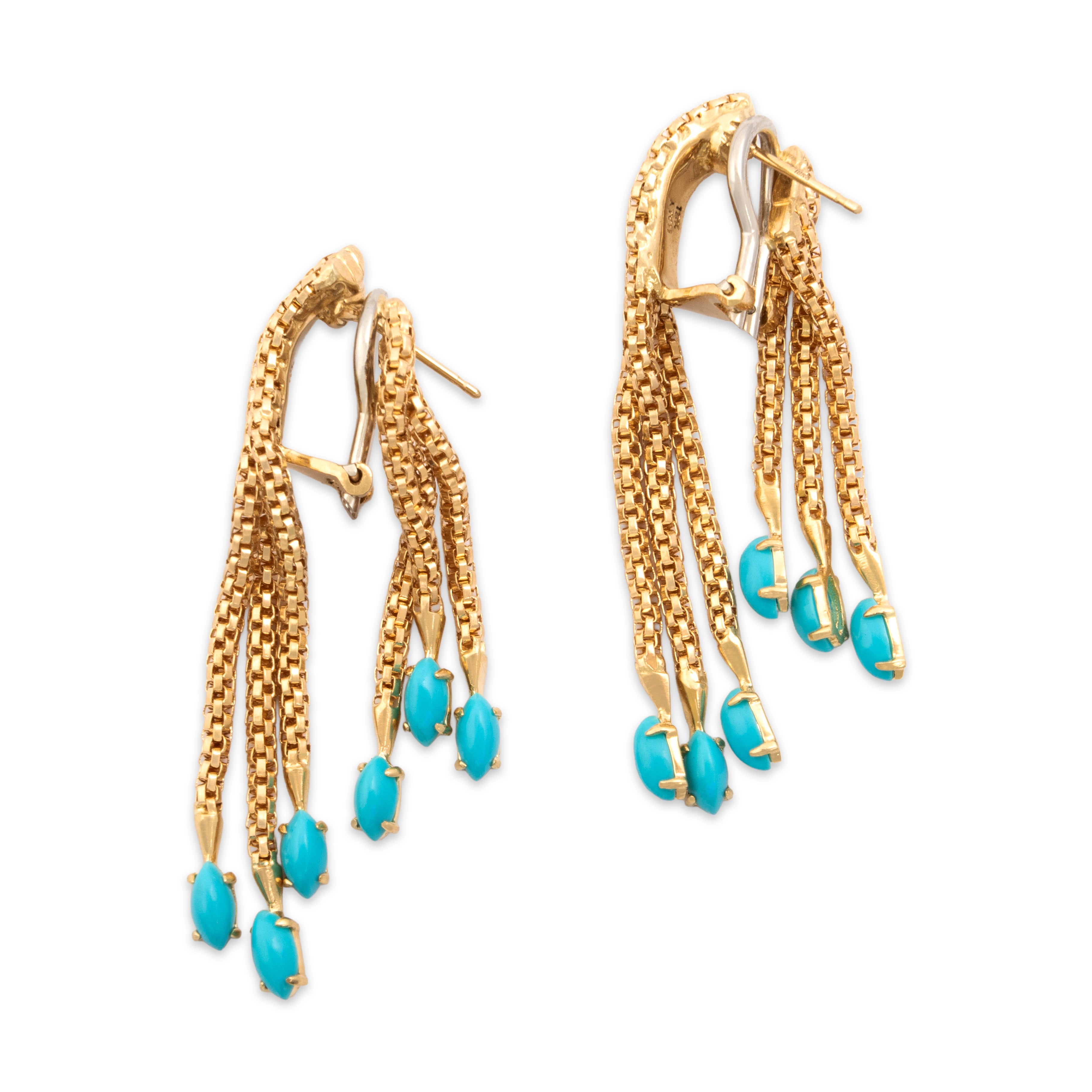 Vintage Italian Heavy 18k Yellow & White Gold 3.19cttw Turquoise Spectacular Fringe Dangle Omega-Back Earrings - Side view