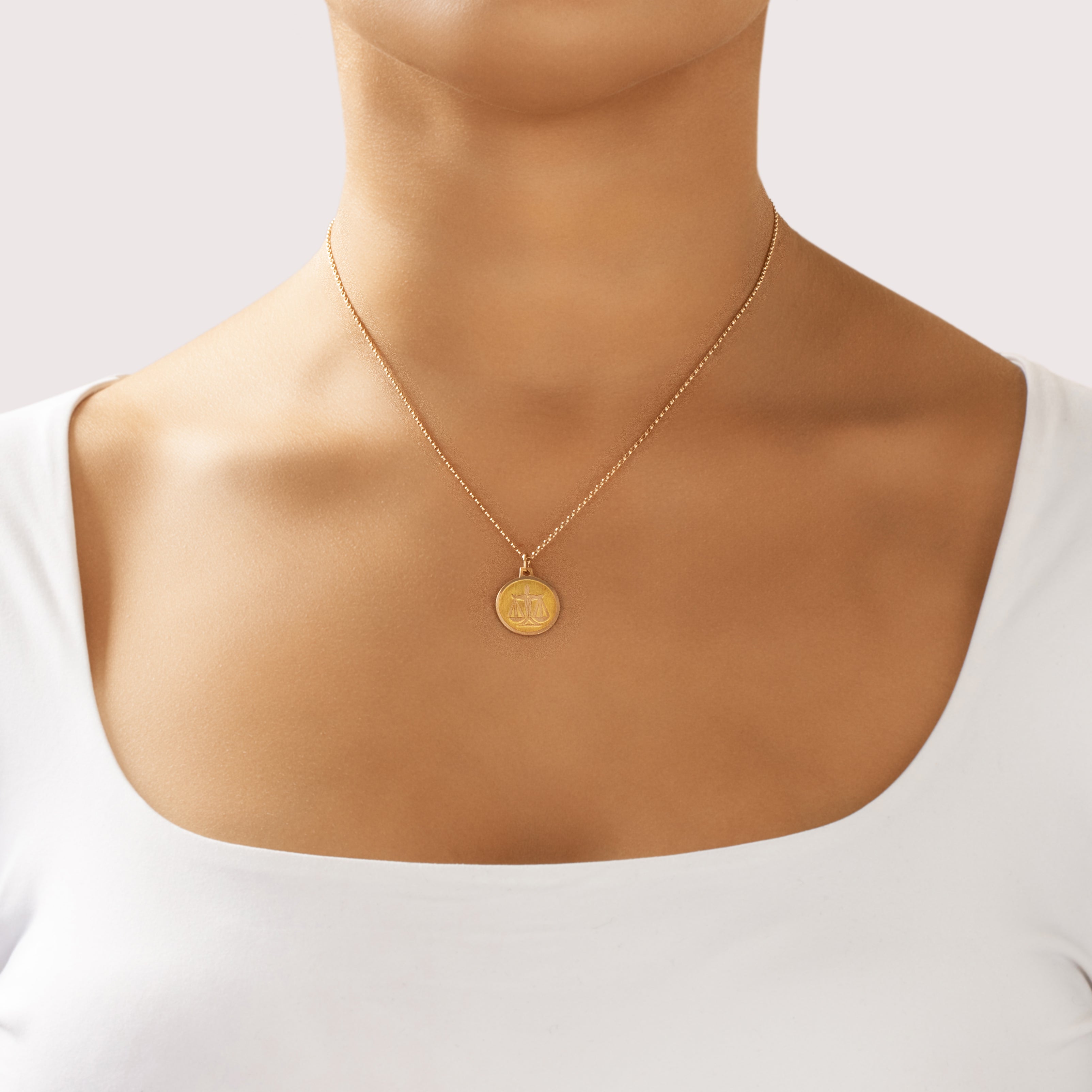 Vintage 18k Yellow & Rosy Yellow Gold Textured Libra Zodiac Medallion Charm / Pendant - On model view