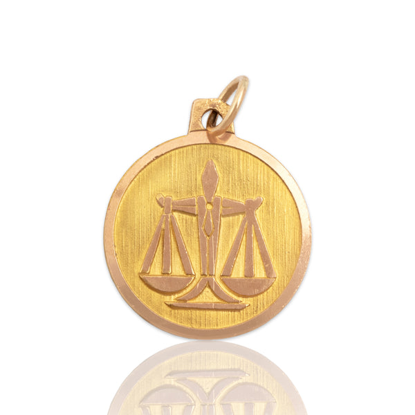 Vintage 18k Yellow & Rosy Yellow Gold Textured Libra Zodiac Medallion Charm / Pendant