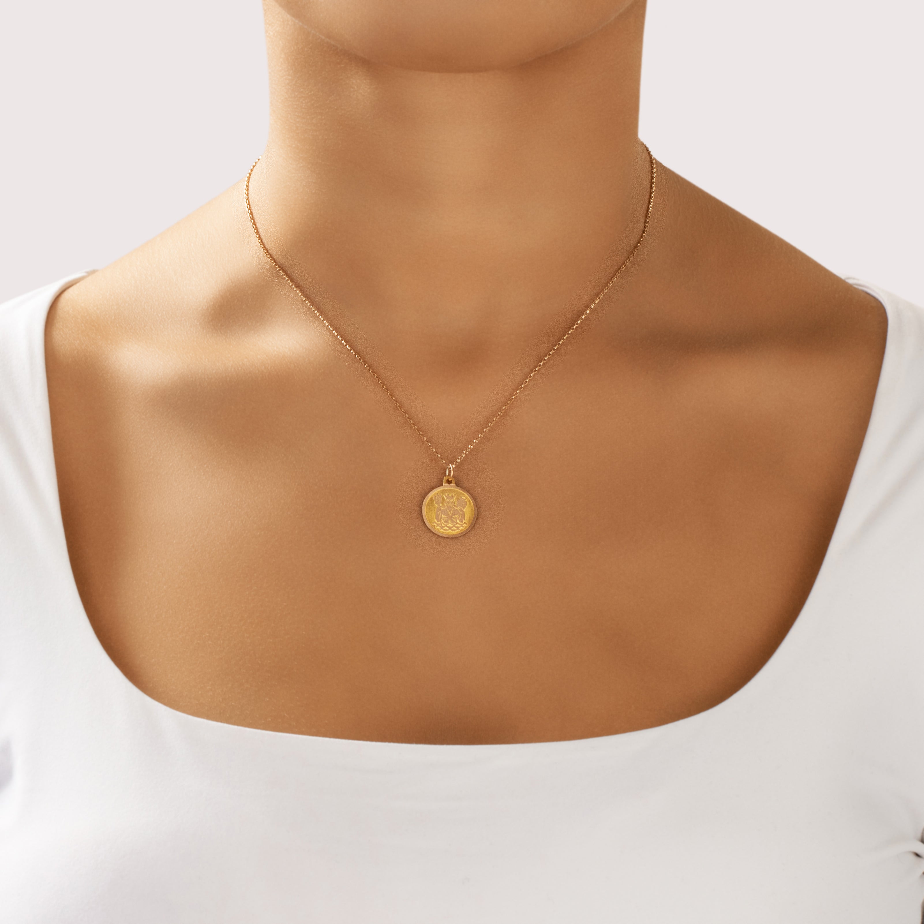 Vintage 18k Yellow & Rosy Yellow Gold Textured Poseidon Medallion Charm / Pendant - On model view