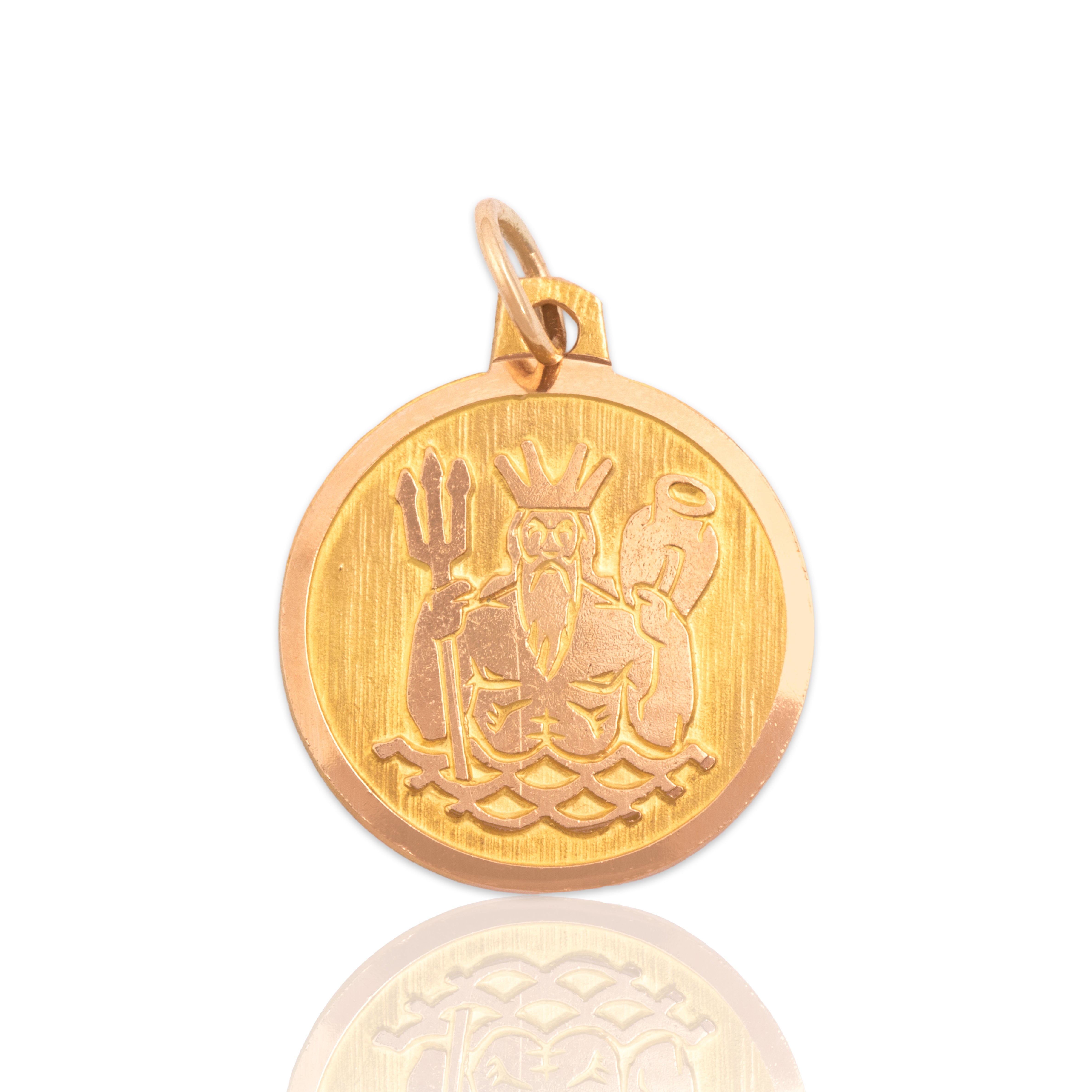 Vintage 18k Yellow & Rosy Yellow Gold Textured Poseidon Medallion Charm / Pendant - Close-up view